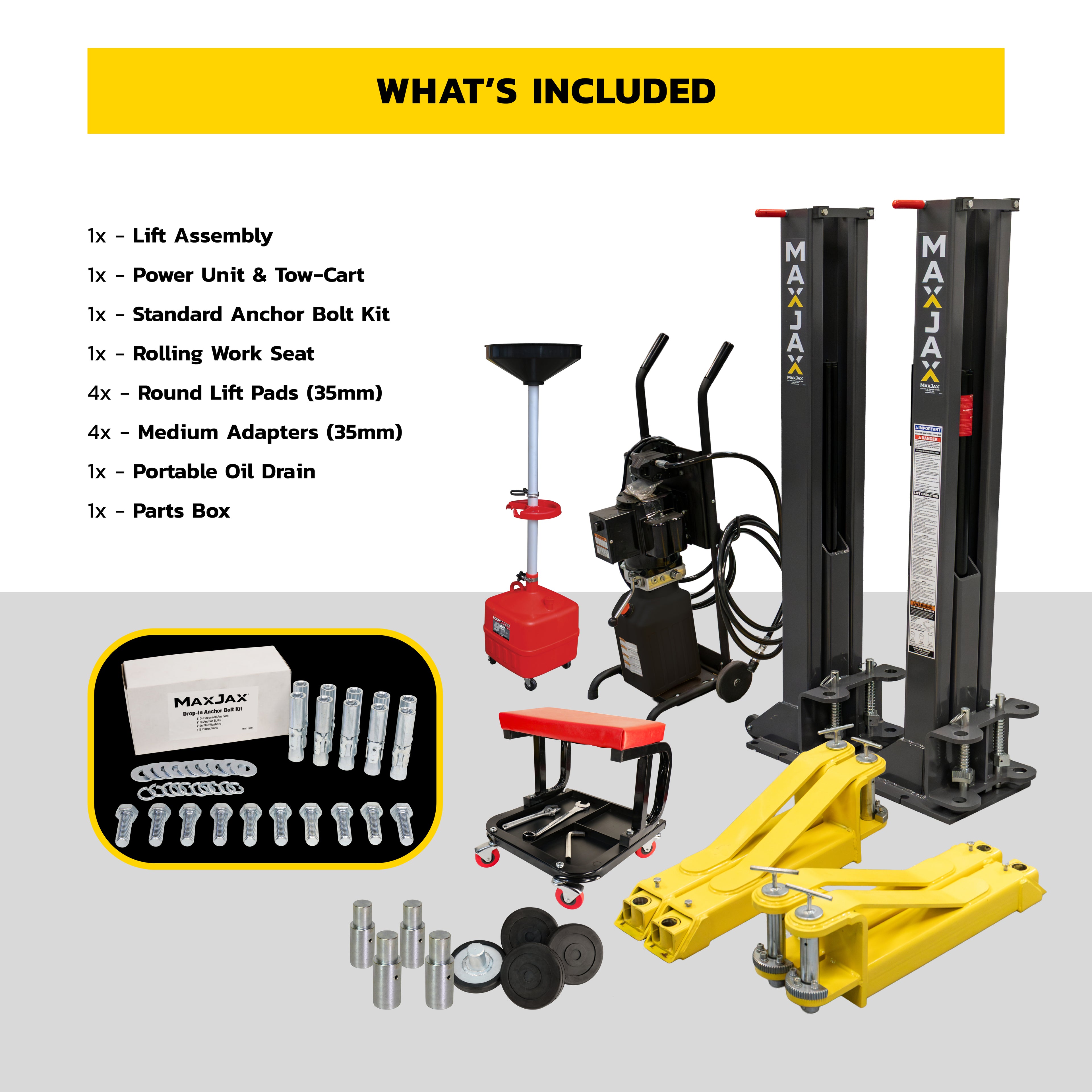 MaxJax M7K Deluxe package contents showing included portable two-post lift components.