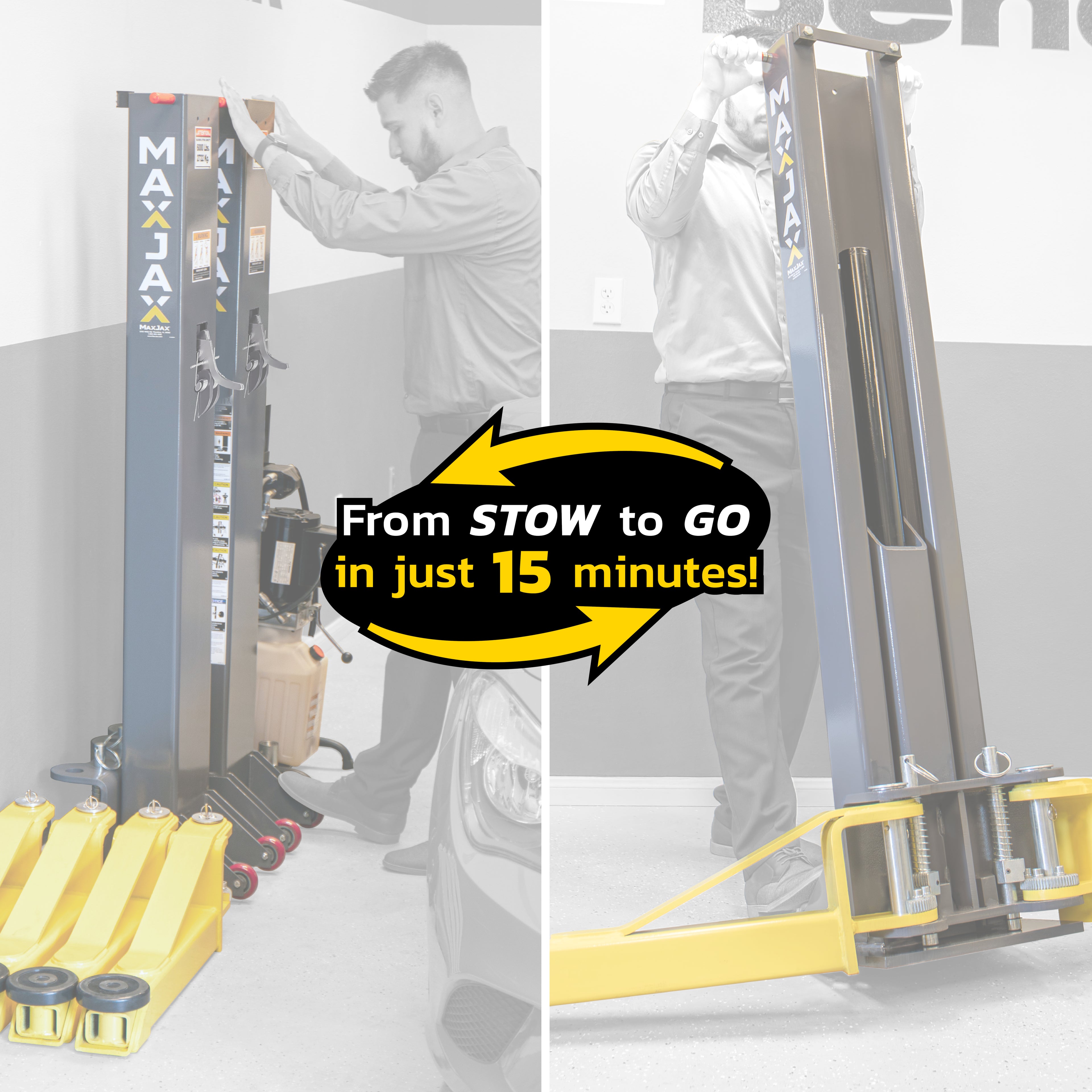 MaxJax M7K Deluxe package quick setup guide for portable two-post lift installation.