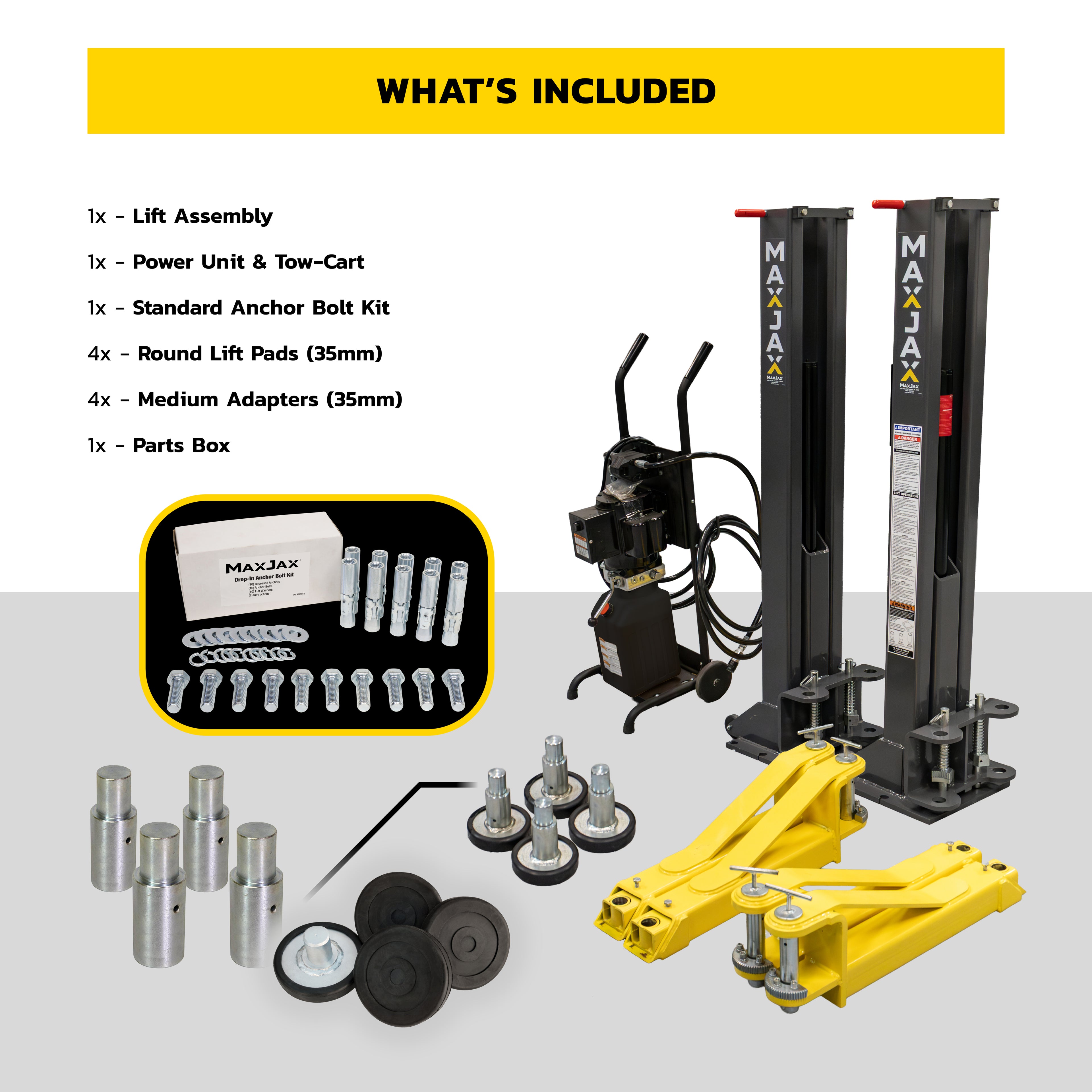 MaxJax M7K Standard package contents for portable two-post garage lift installation.