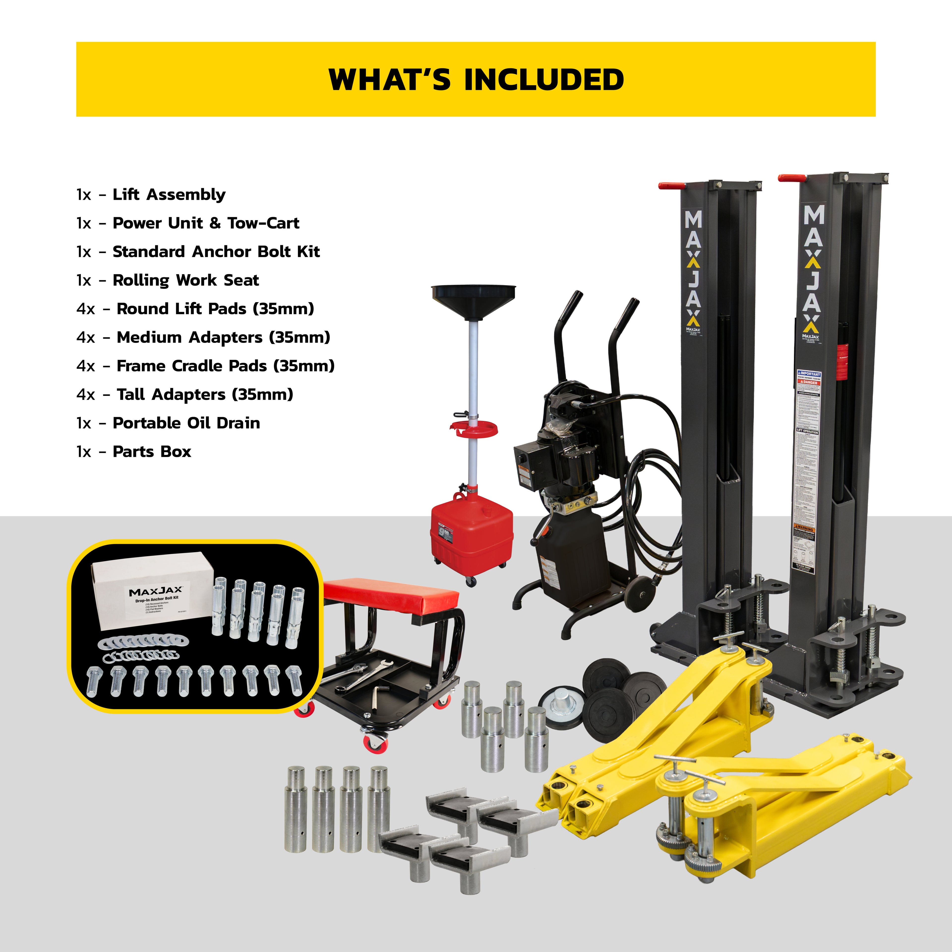 MaxJax M7K Supreme package contents showing included lift parts and accessories.