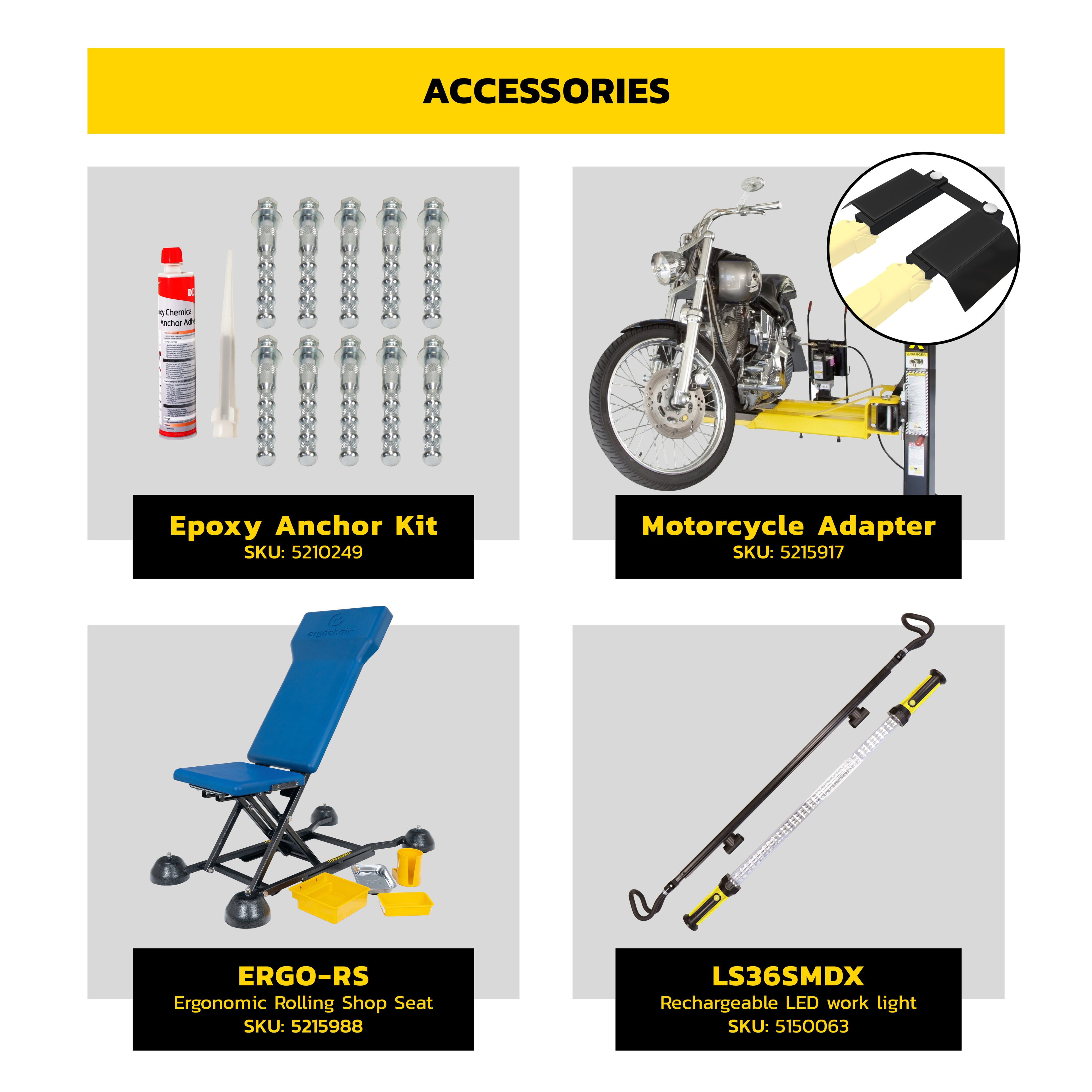 MaxJax M7K optional garage lift accessories for the Supreme portable two-post package.