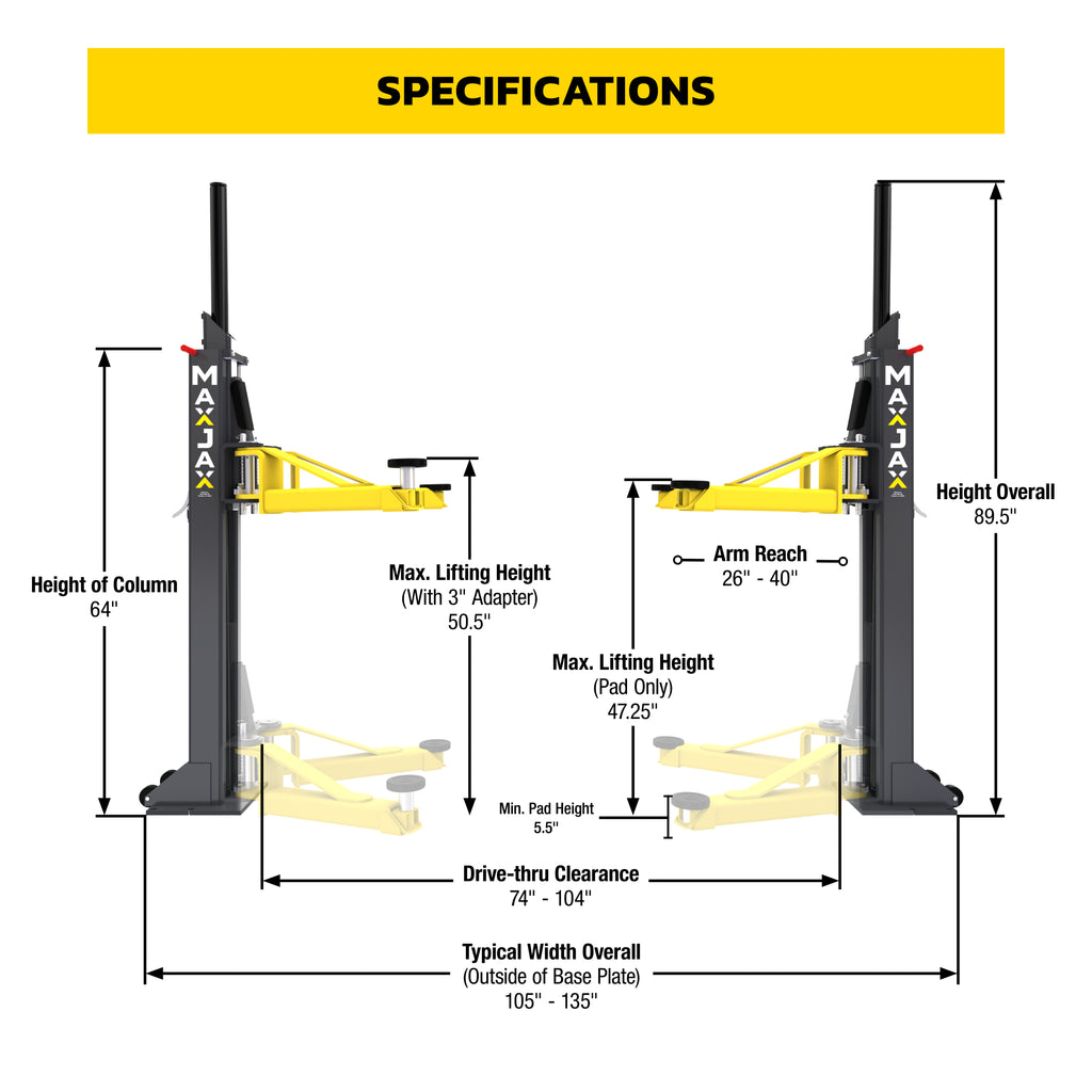 MaxJax M7K Supreme package specifications for portable two-post lift configuration.