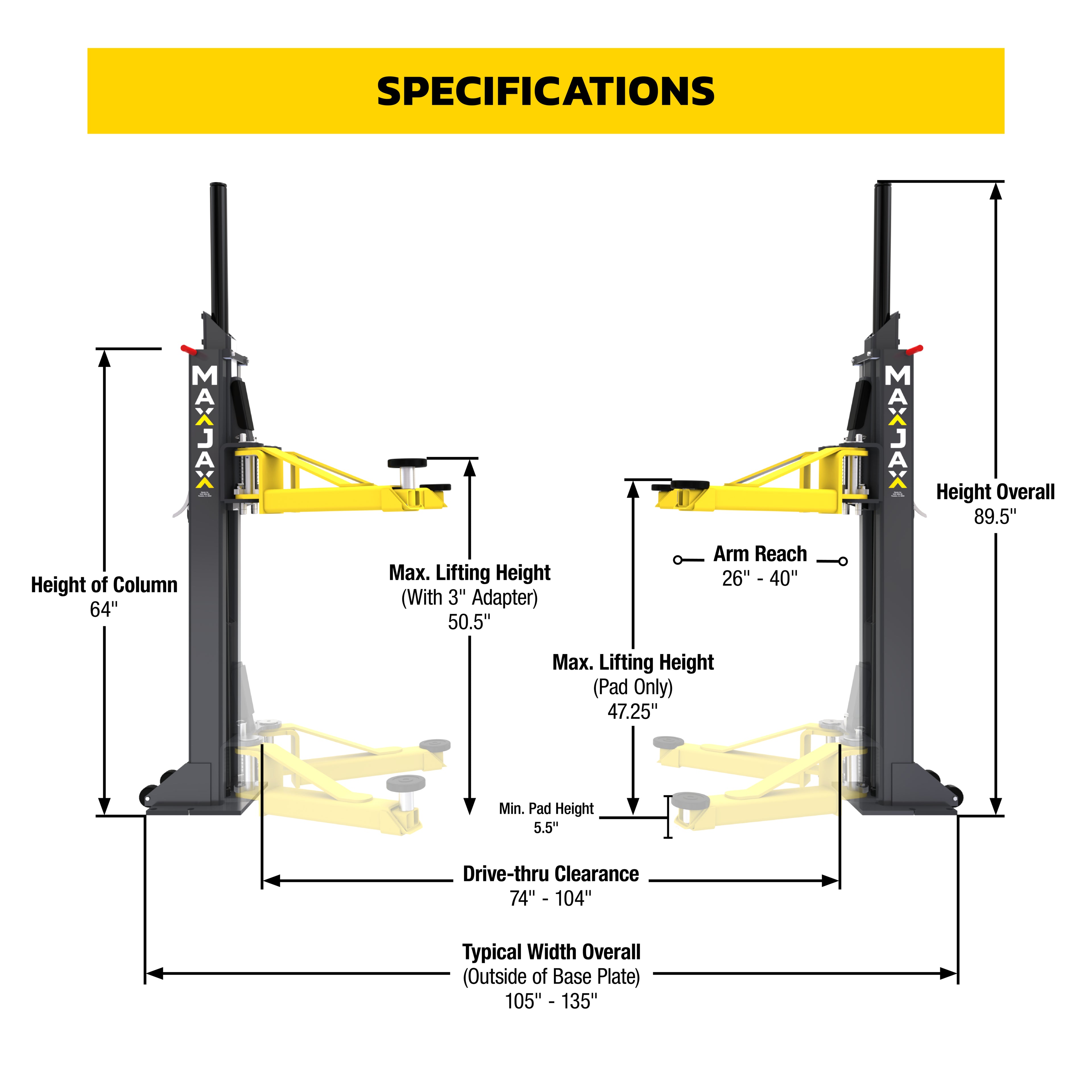 MaxJax M7K Supreme package specifications for portable two-post lift configuration.