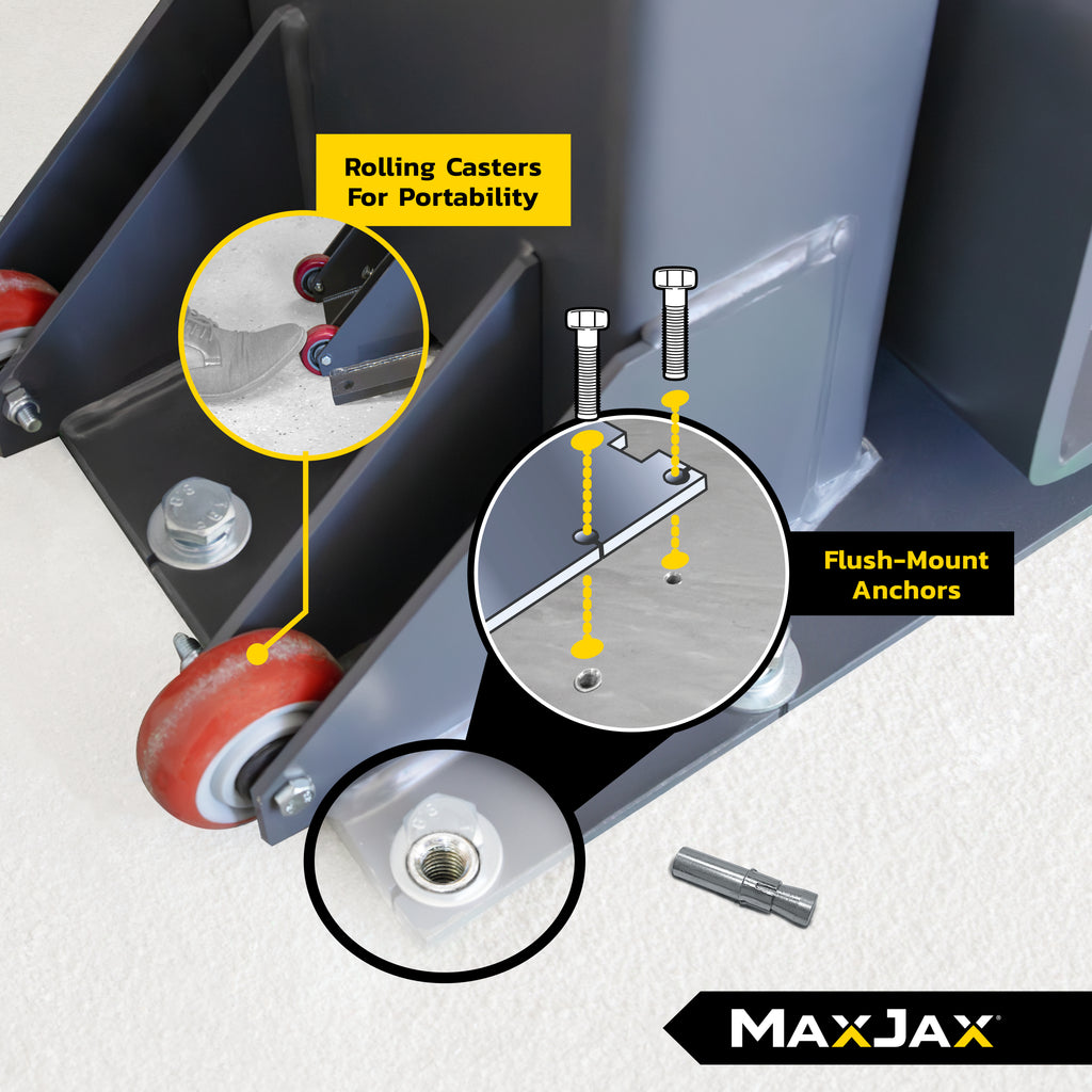 MaxJax M7K Ultimate package rolling casters and flush-mount anchors for garage installation.