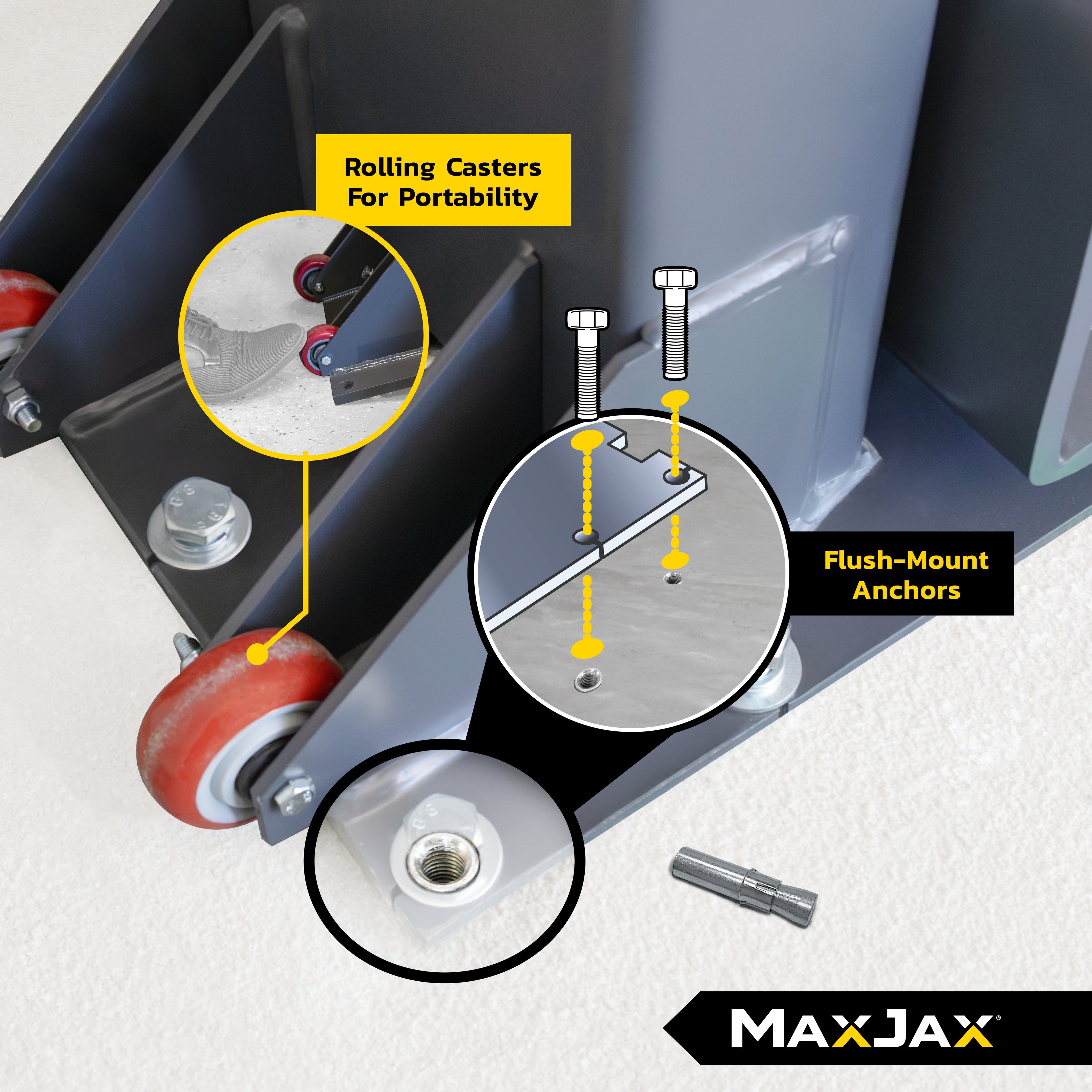MaxJax M7K Ultimate package rolling casters and flush-mount anchors for garage installation.