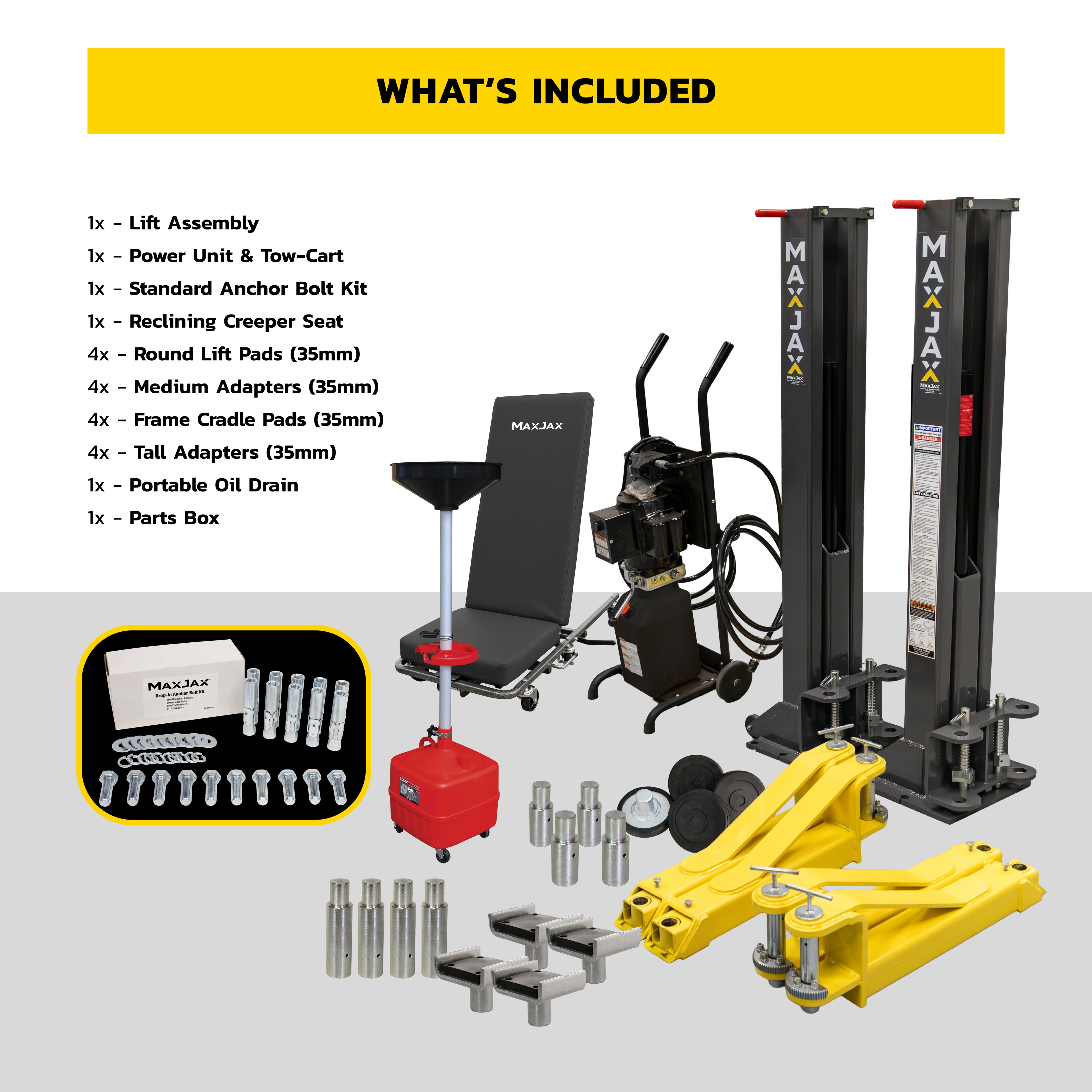 MaxJax M7K Ultimate package contents with full portable two-post lift equipment set.