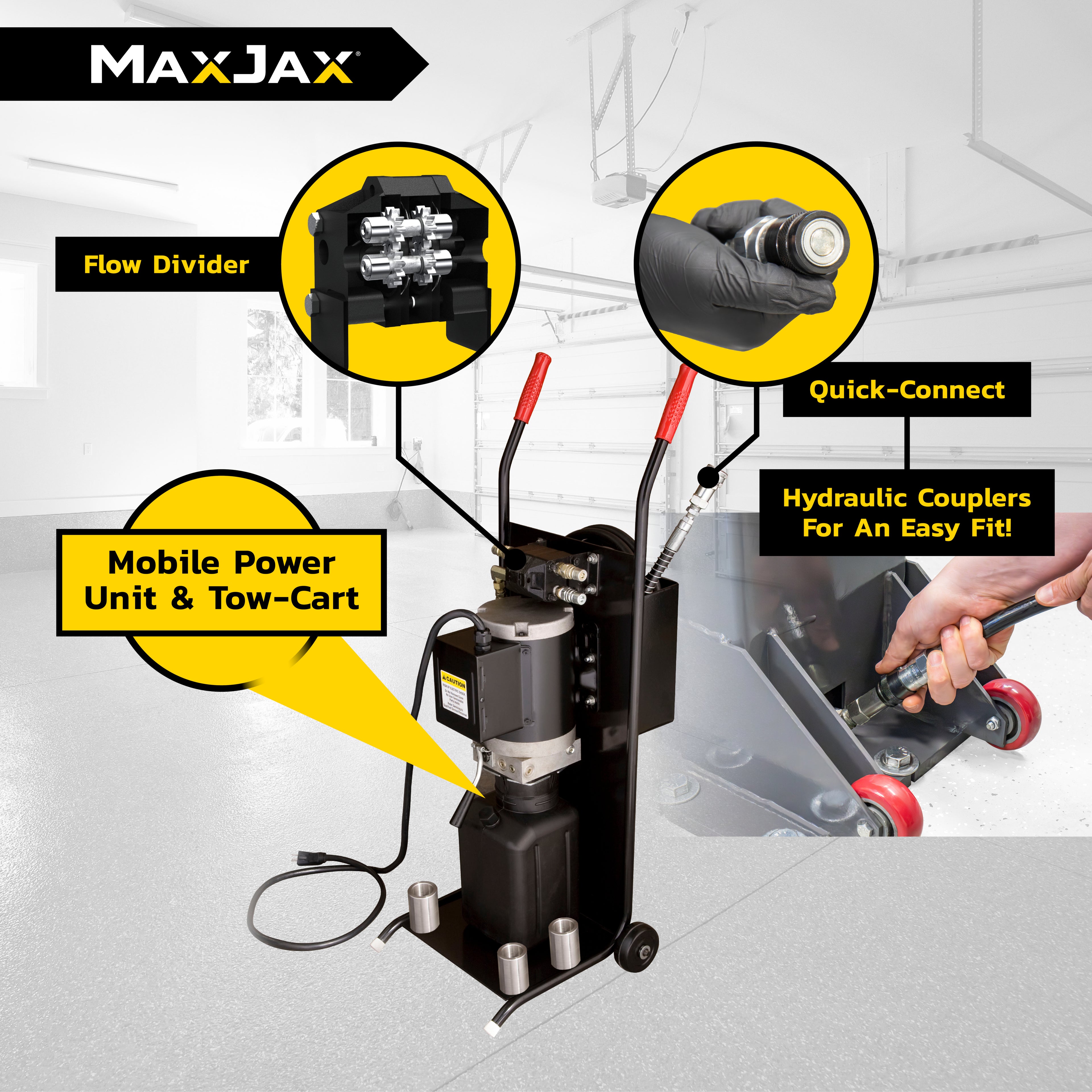 MaxJax M7K Ultimate mobile power unit with quick-connect fittings for two-post lift setup.