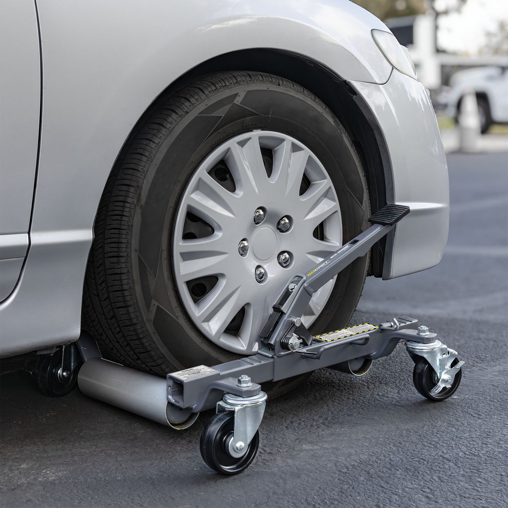 Ranger RCD-1500MP 1,500-lb. capacity car dolly shown supporting a vehicle wheel