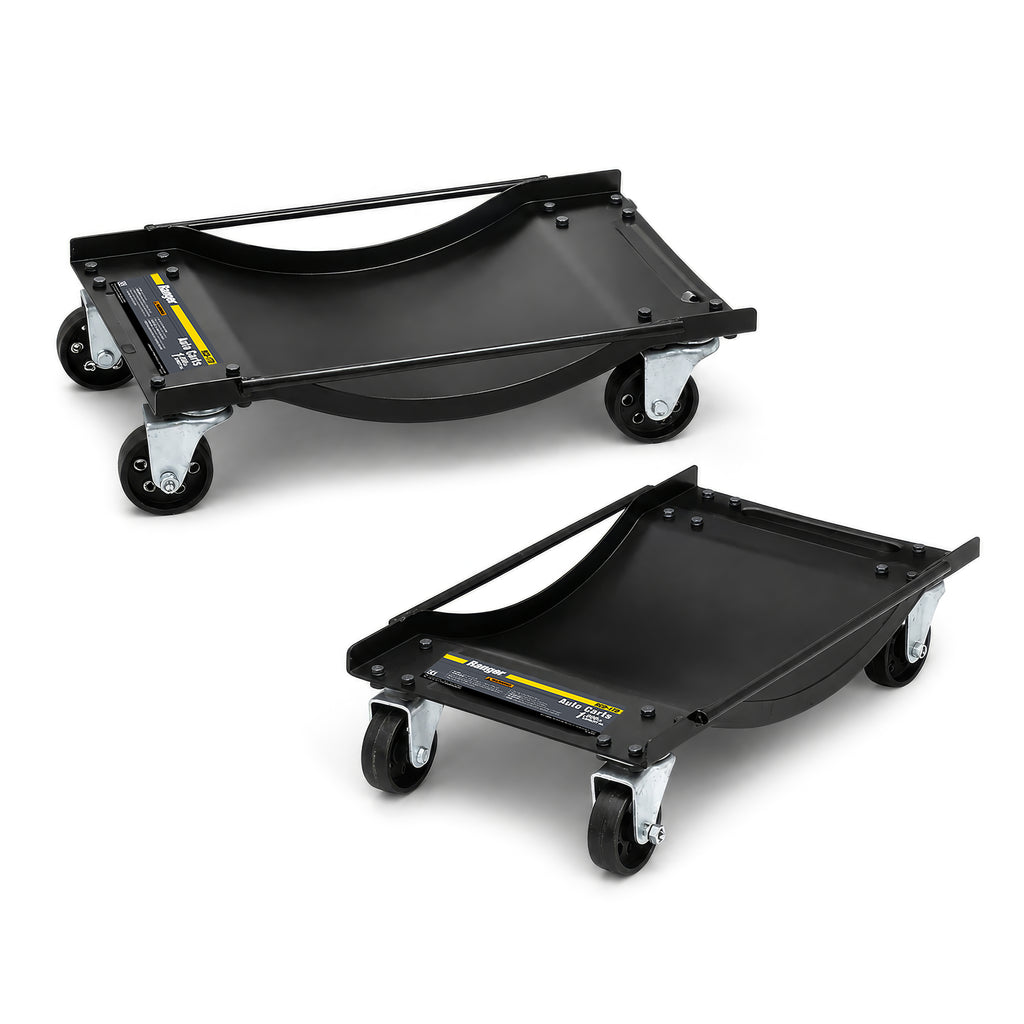 Pair of Ranger RCD-1TD wheel-dolly auto carts with deep wheel wells, swivel casters and a 1,000-lb. capacity.