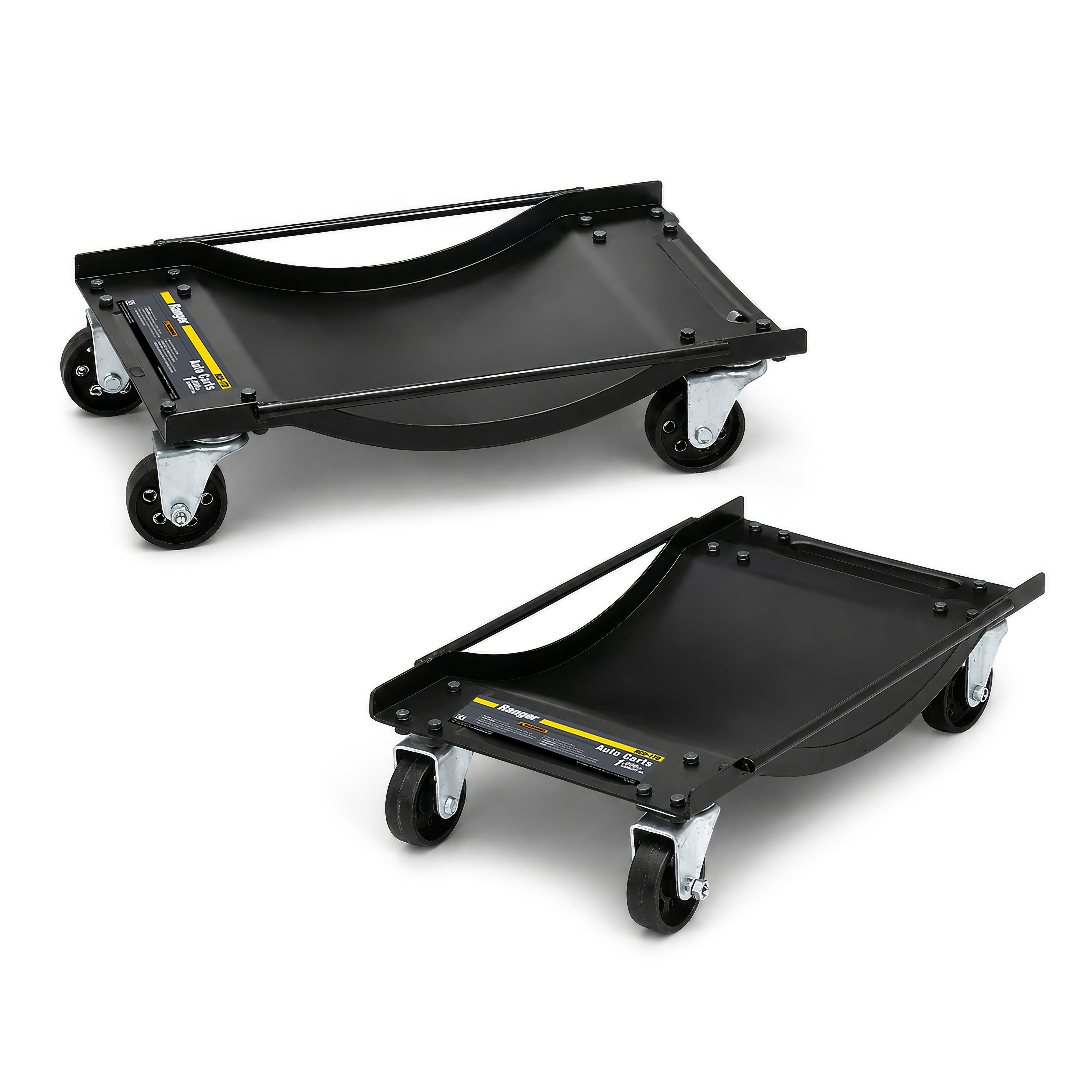 Pair of Ranger RCD-1TD wheel-dolly auto carts with deep wheel wells, swivel casters and a 1,000-lb. capacity.