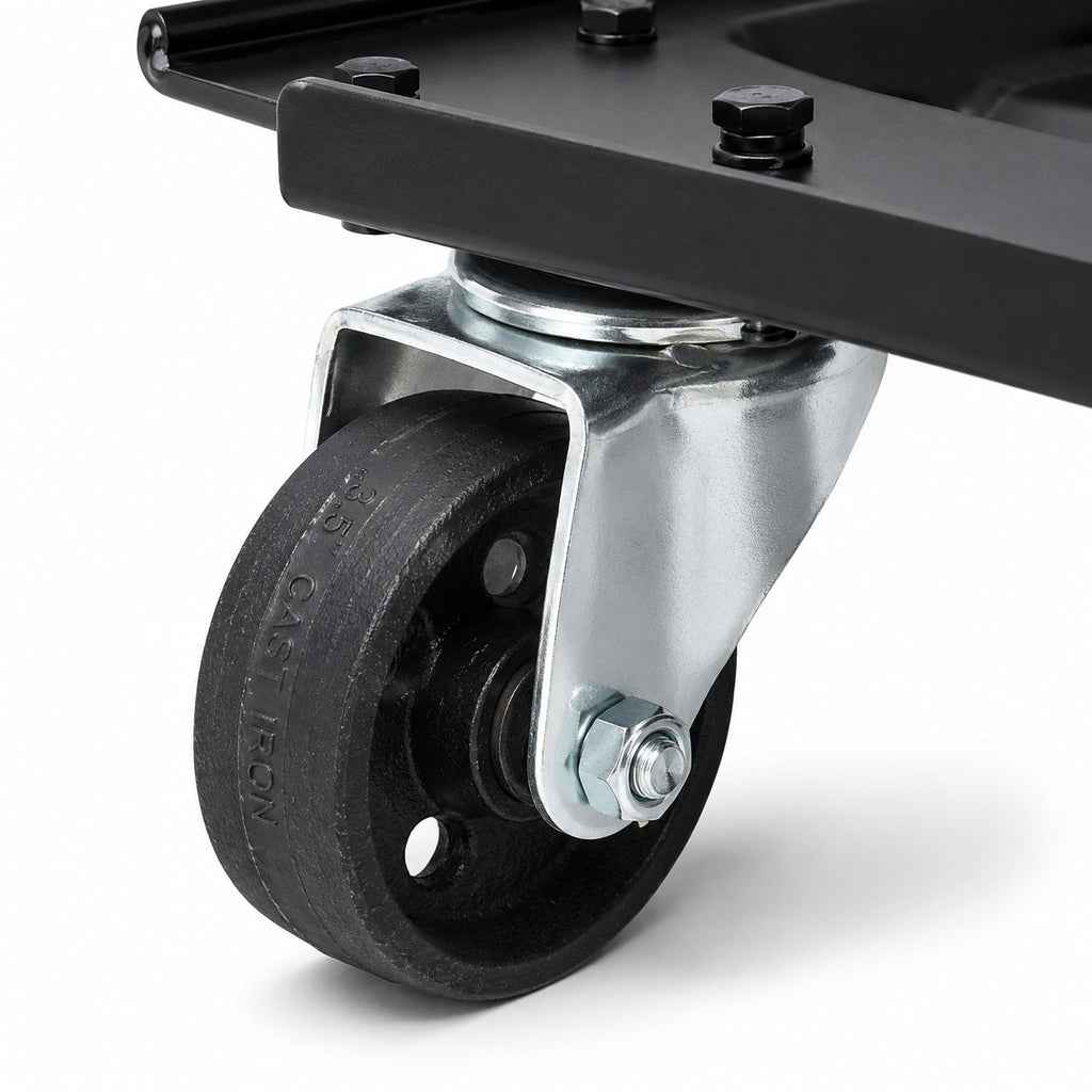 3.5-inch cast-iron ball-bearing swivel casters on a Ranger RCD-1TD wheel-dolly auto cart.
