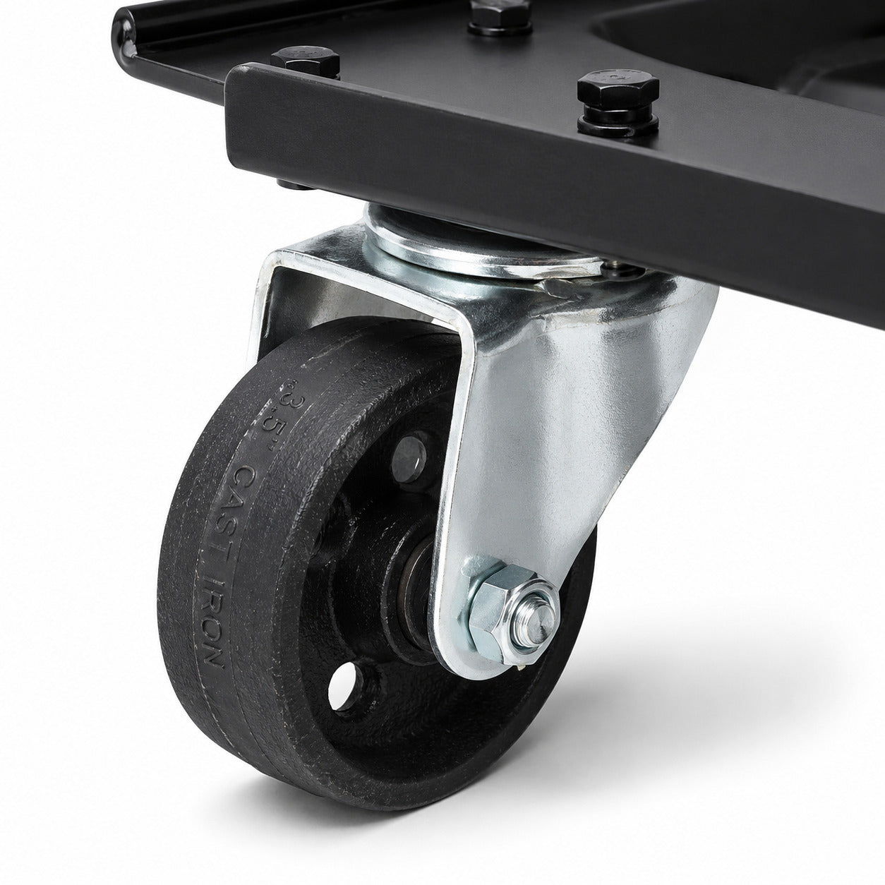 3.5-inch cast-iron ball-bearing swivel casters on a Ranger RCD-1TD wheel-dolly auto cart.