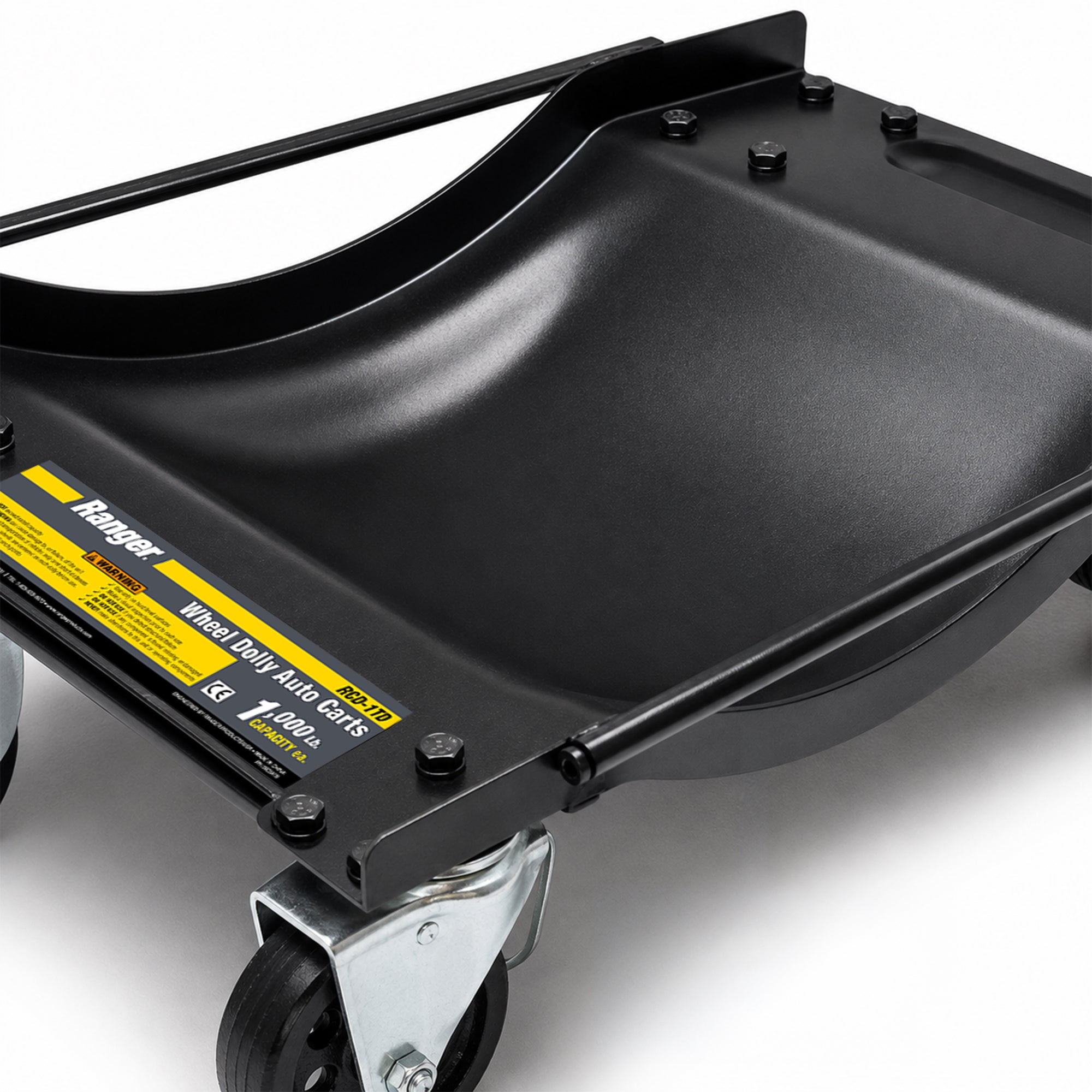 Deep wheel wells on Ranger RCD-1TD wheel-dolly auto carts securely cradle vehicle tires during repositioning.