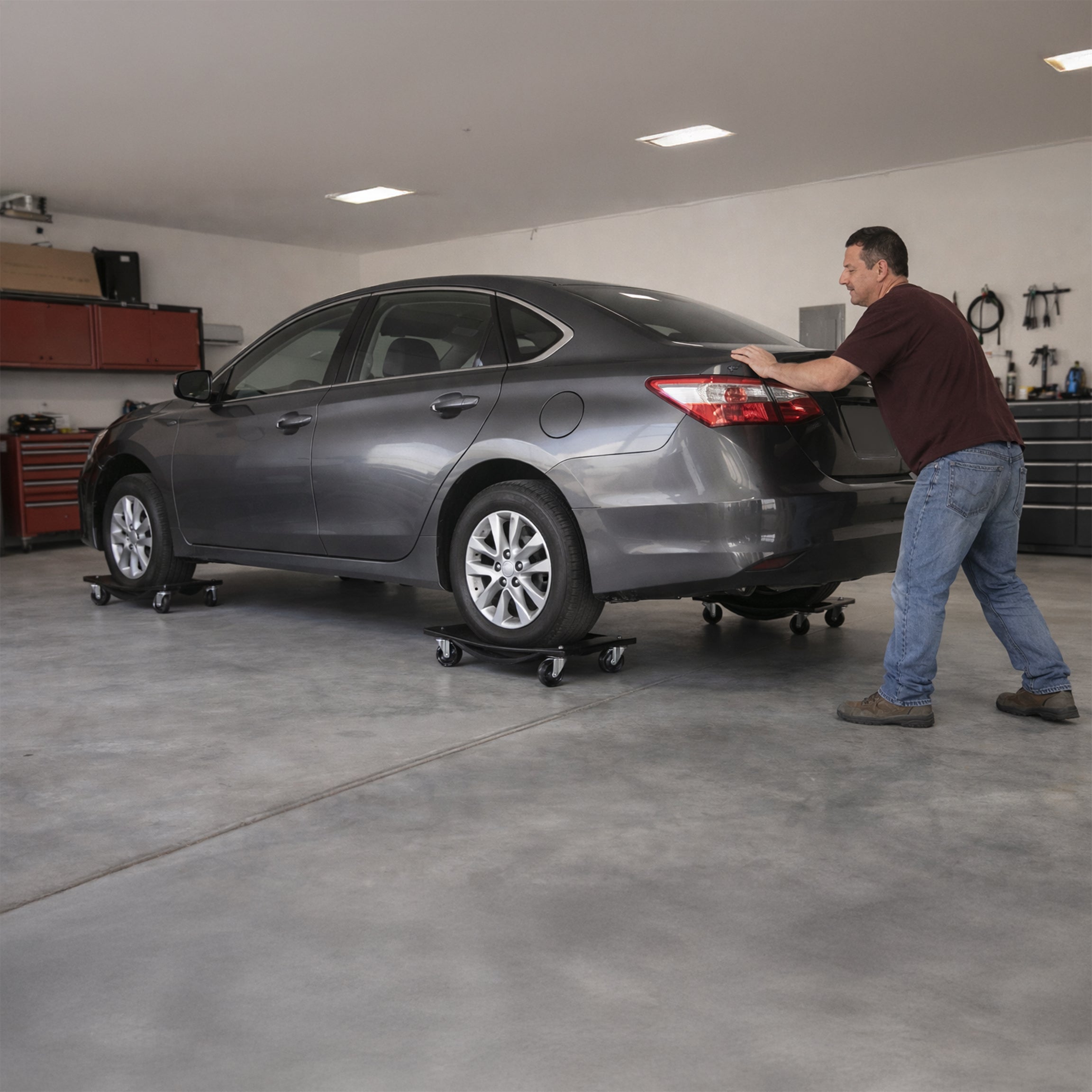 Ranger RCD-1TD wheel dolly used to move sedan in garage or shop
