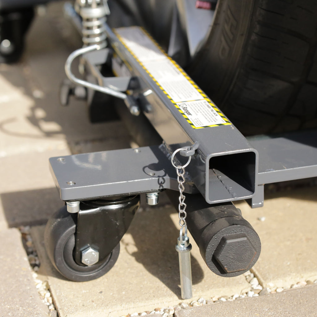 Ranger RCD-2500 car dollies moving vehicle across shop floor