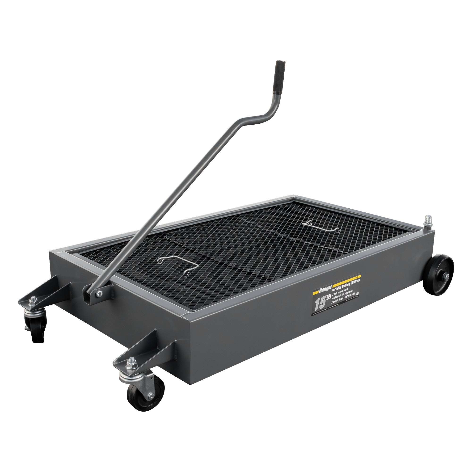 Ranger RD-15 portable oil drain with funnel, tank, and rolling shop base.