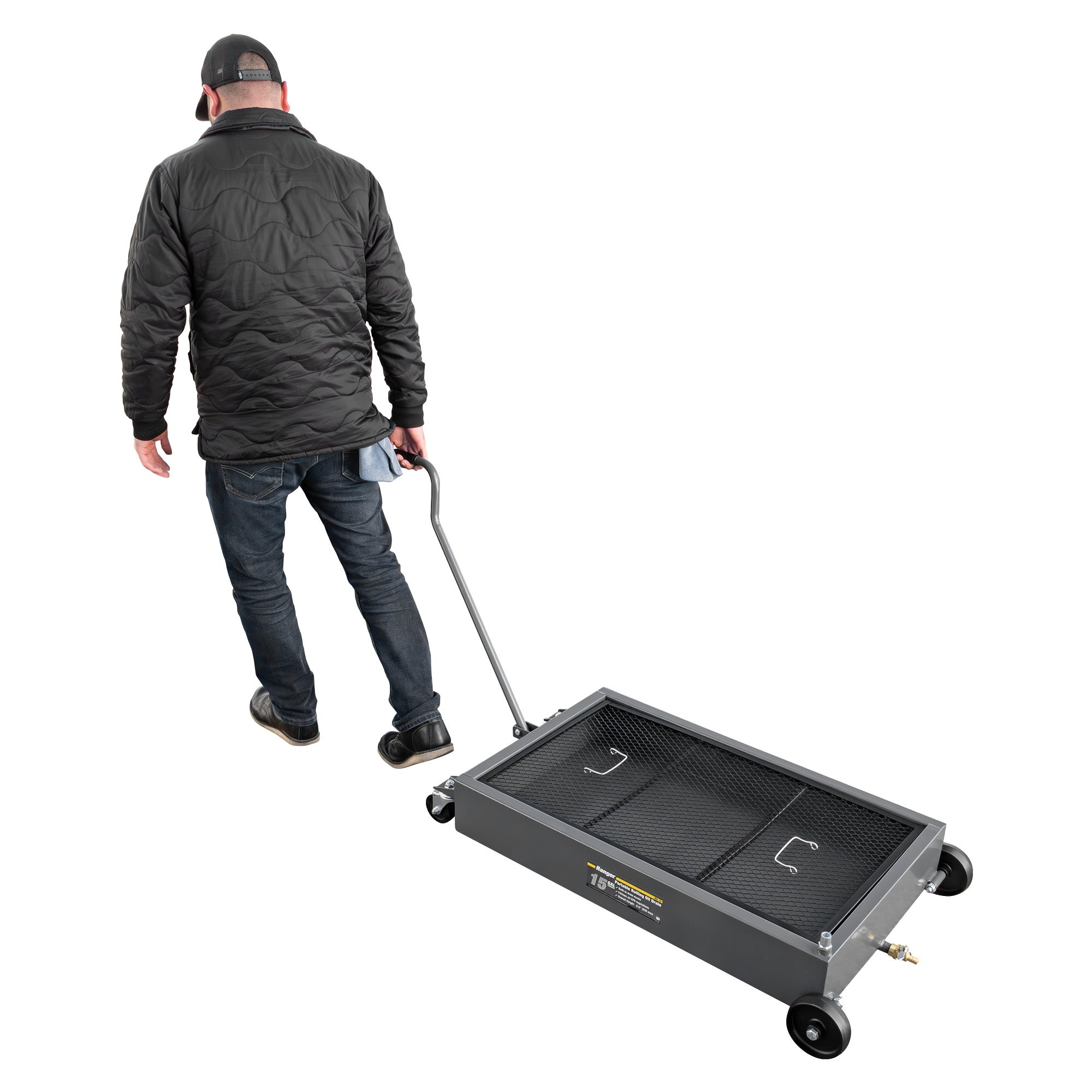Ranger RD-15 portable oil drain size reference showing overall height and shop footprint.
