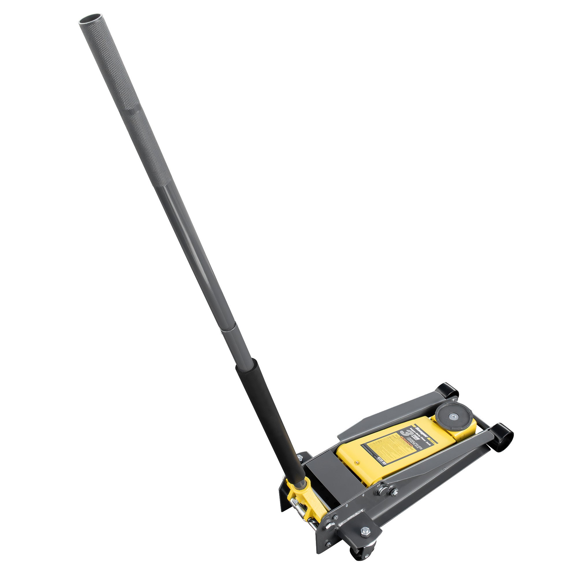 Ranger RFJ-3T 3-ton floor jack showing heavy-duty wheels, lift saddle, and pump handle.