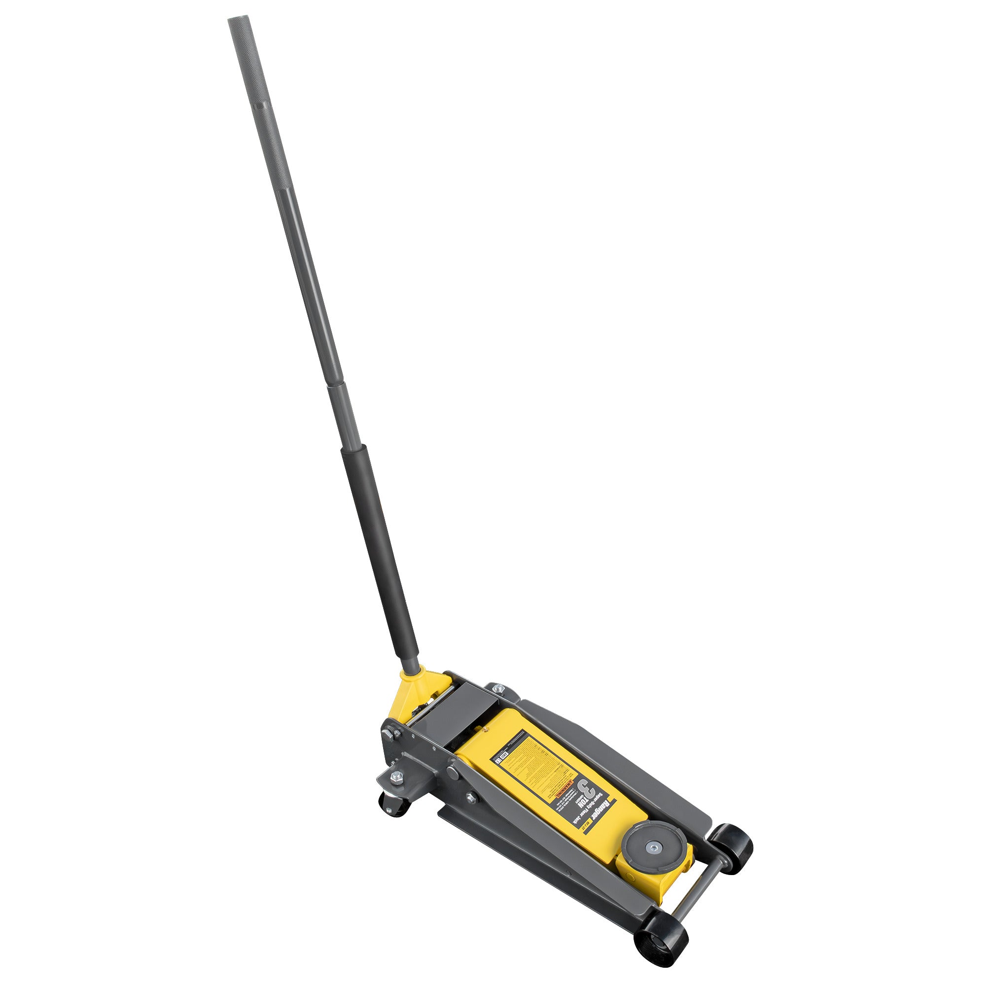 Ranger RFJ-3T 3-ton floor jack showing steel frame, rolling casters, and lift arm.