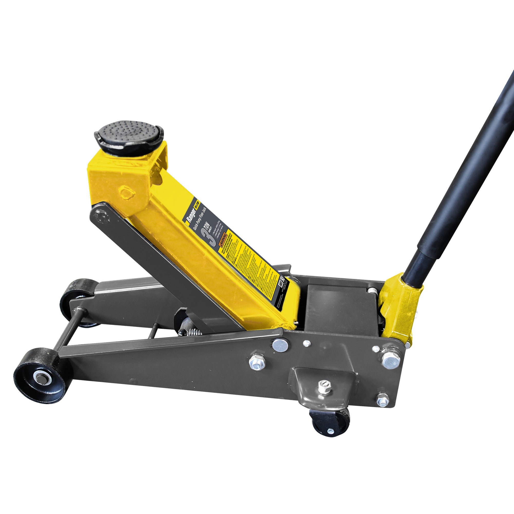 Ranger RFJ-3TQP 3-ton quick-pump floor jack with long handle and low-profile chassis.