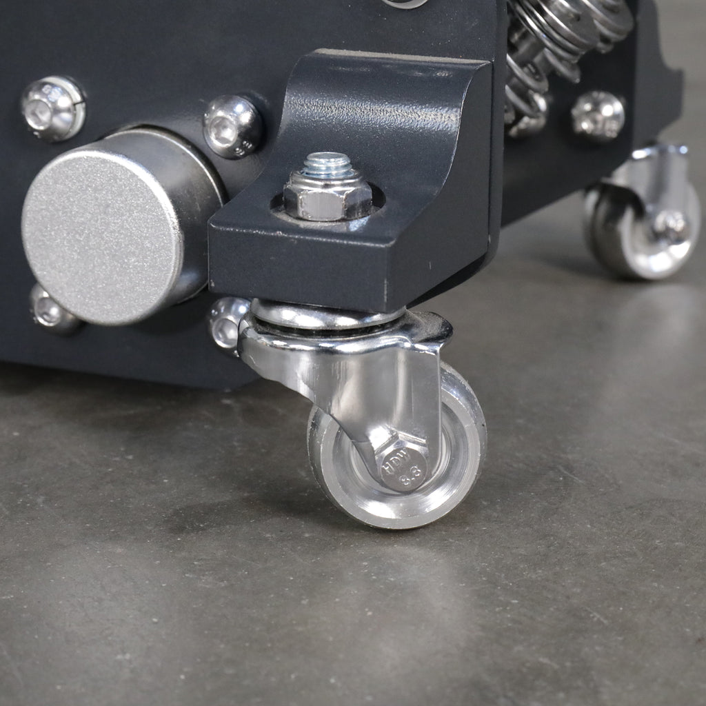Ranger RFJ-4000AL floor jack caster detail showing rolling mobility for garage positioning.