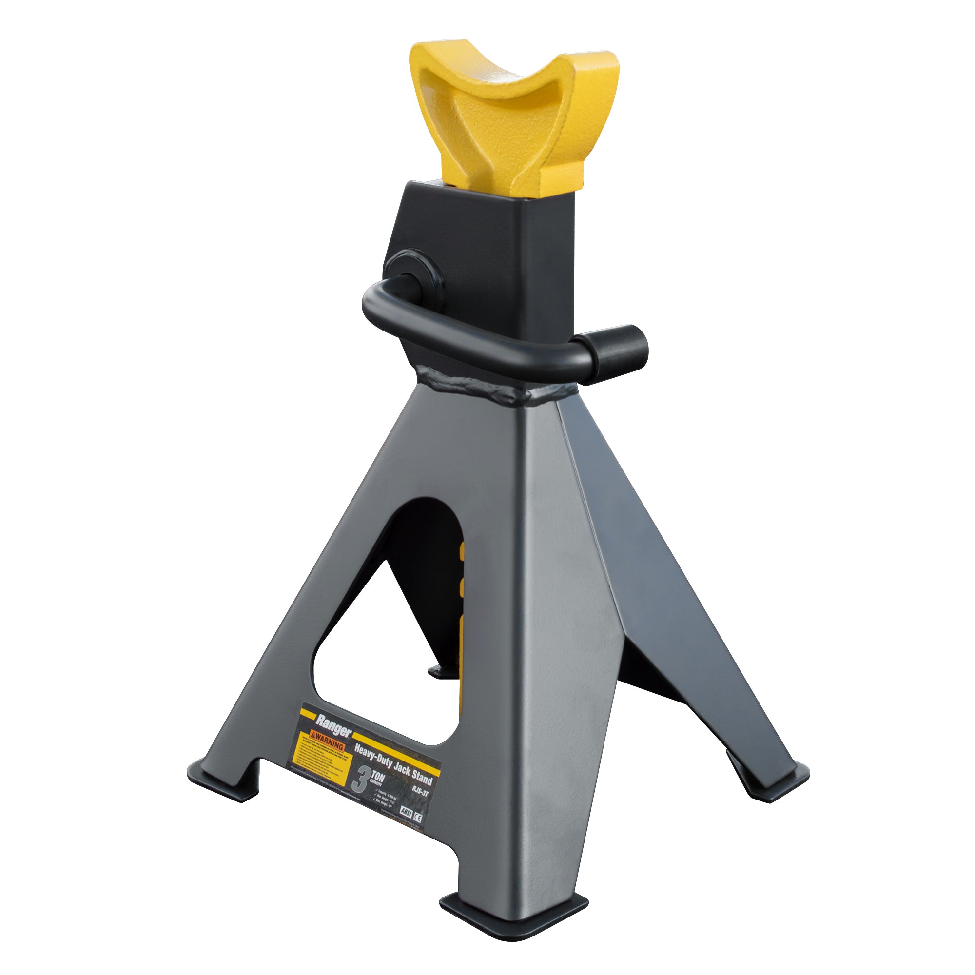 Ranger RJS-3T 3-ton jack stand showing ratcheting post and heavy-duty support base.