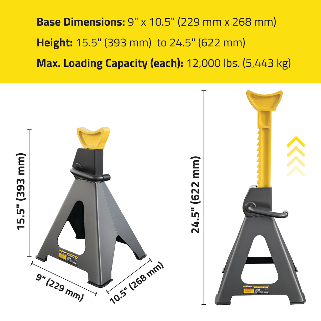 Ranger RJS-6T jack stand dimensions for shop and garage planning