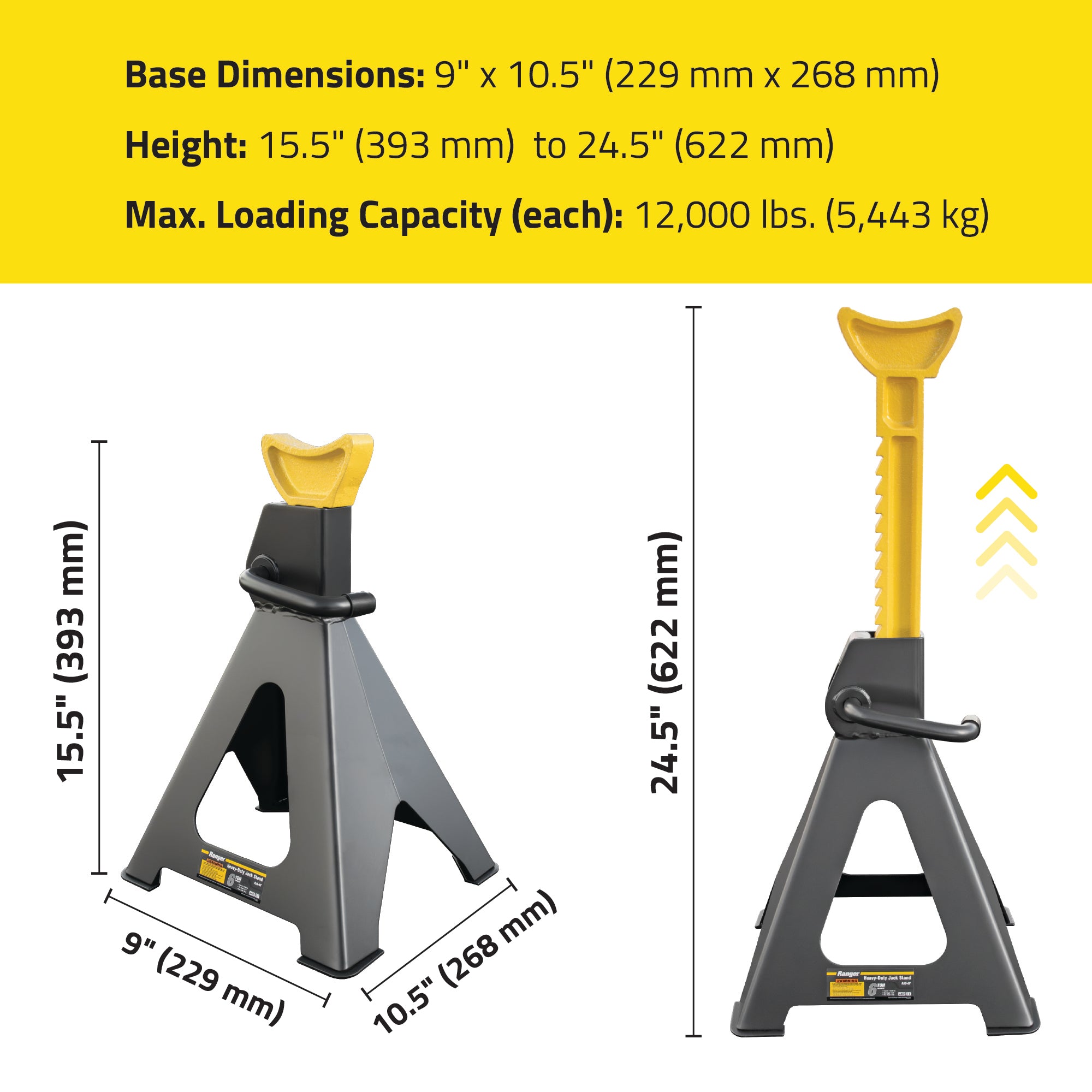 Ranger RJS-6T jack stand dimensions for shop and garage planning