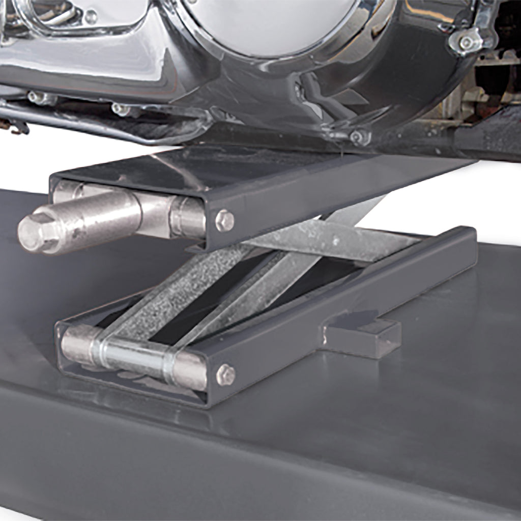 Ranger RML-1100 motorcycle lift close-up showing deck and wheel clamp details.