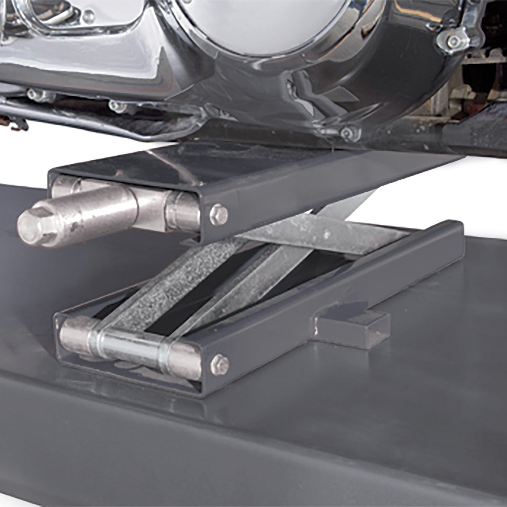 Ranger RML-1100 motorcycle lift close-up showing deck and wheel clamp details.