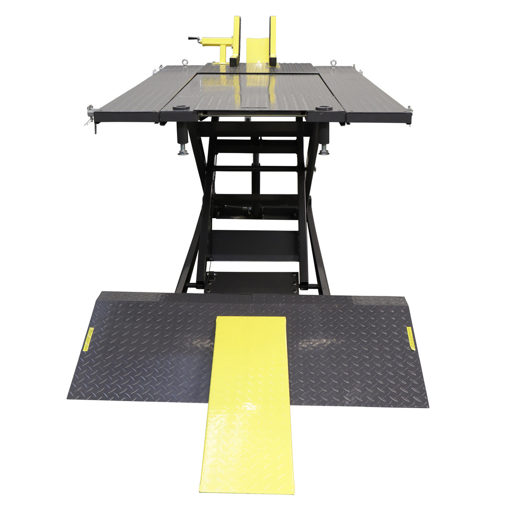 Ranger RML-1500XL 1,500-lb. motorcycle lift showing platform layout for bike maintenance.