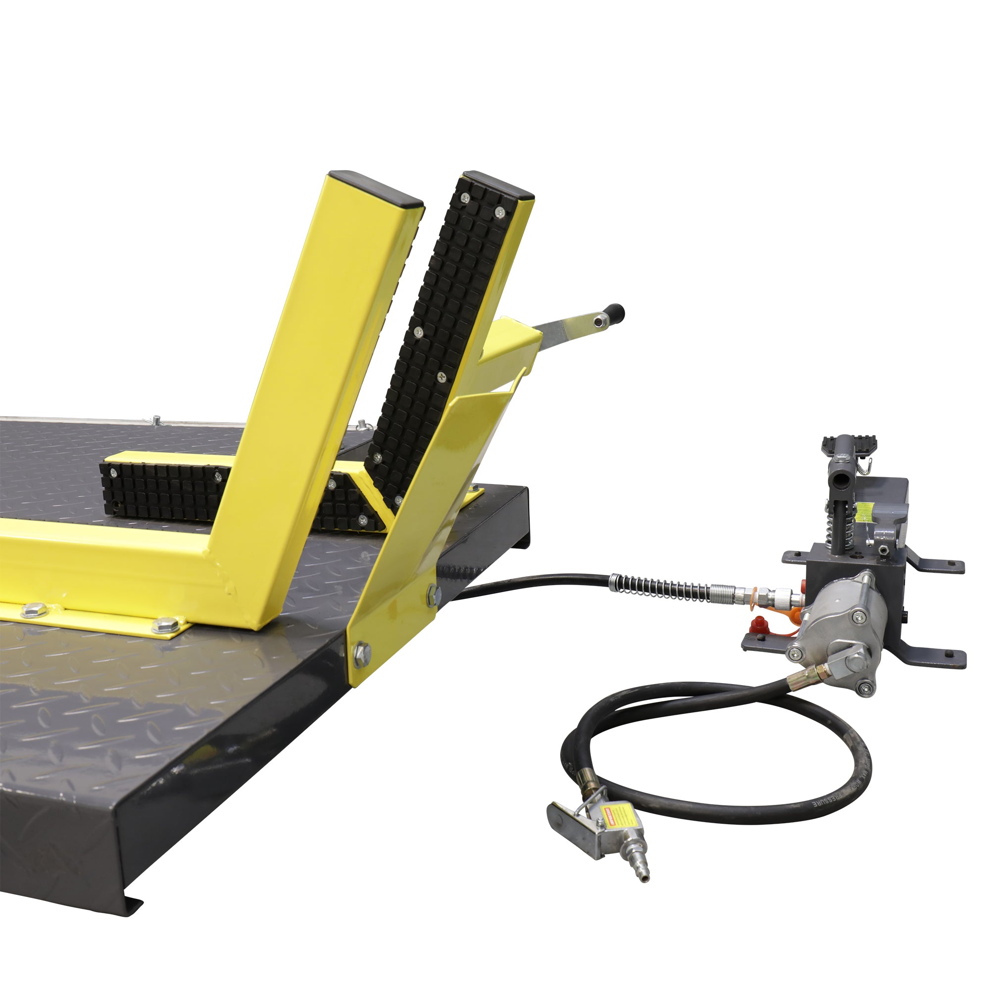 Ranger RML-1500XL motorcycle lift components including ramp, deck, and wheel clamp hardware.