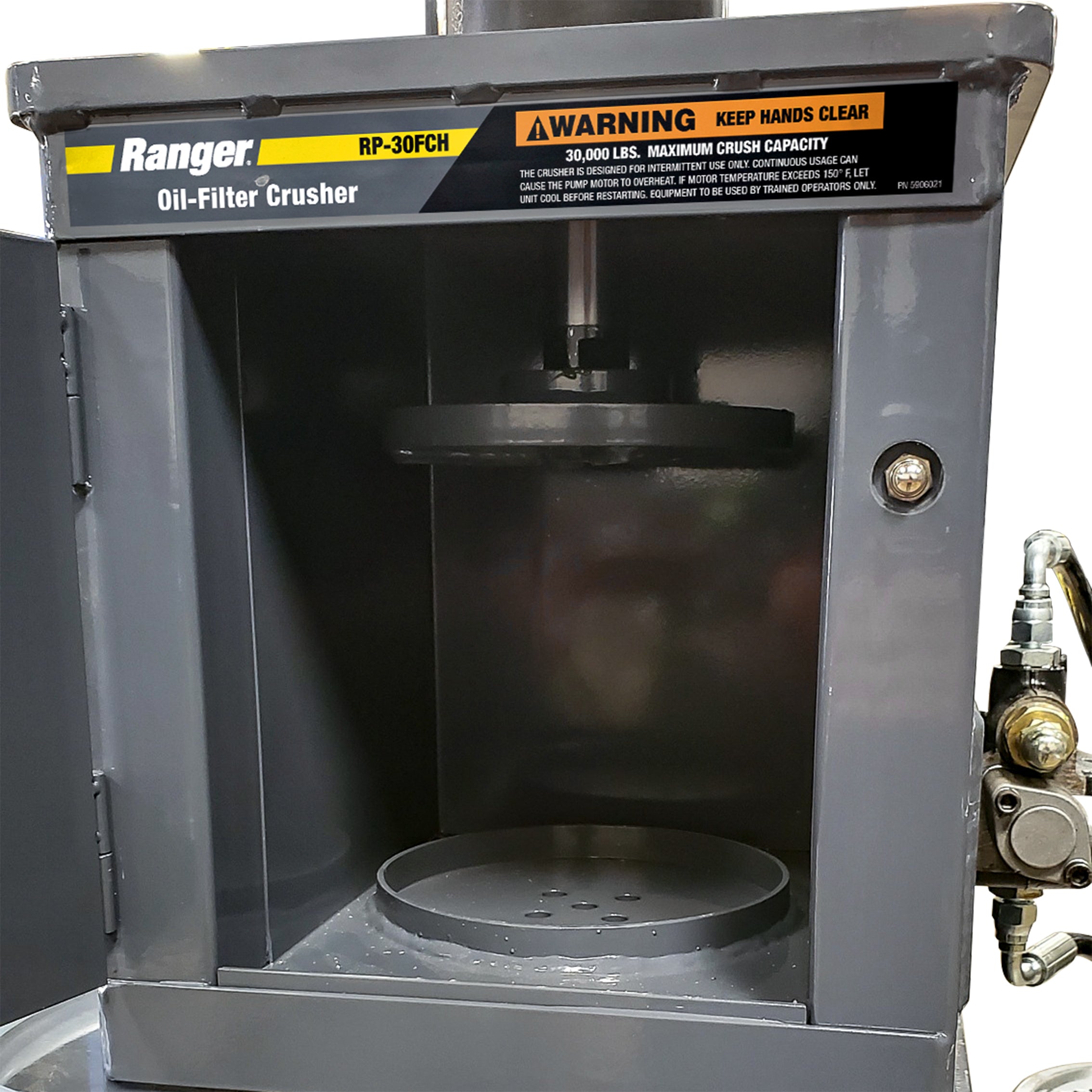 Ranger RP-30FCH 15-ton hydraulic oil filter crusher for shop recycling