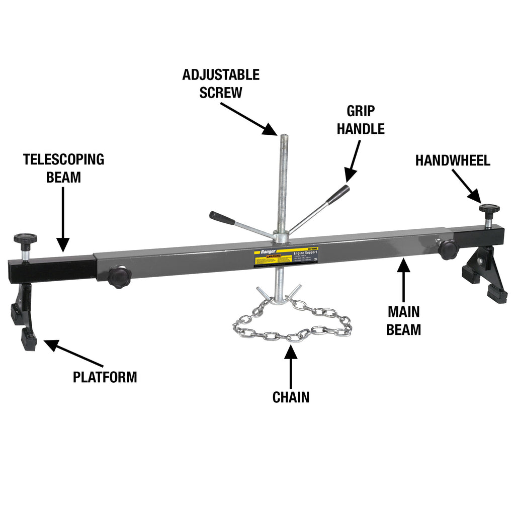 Ranger RST-500ES adjustable engine support bar for drivetrain service and component access