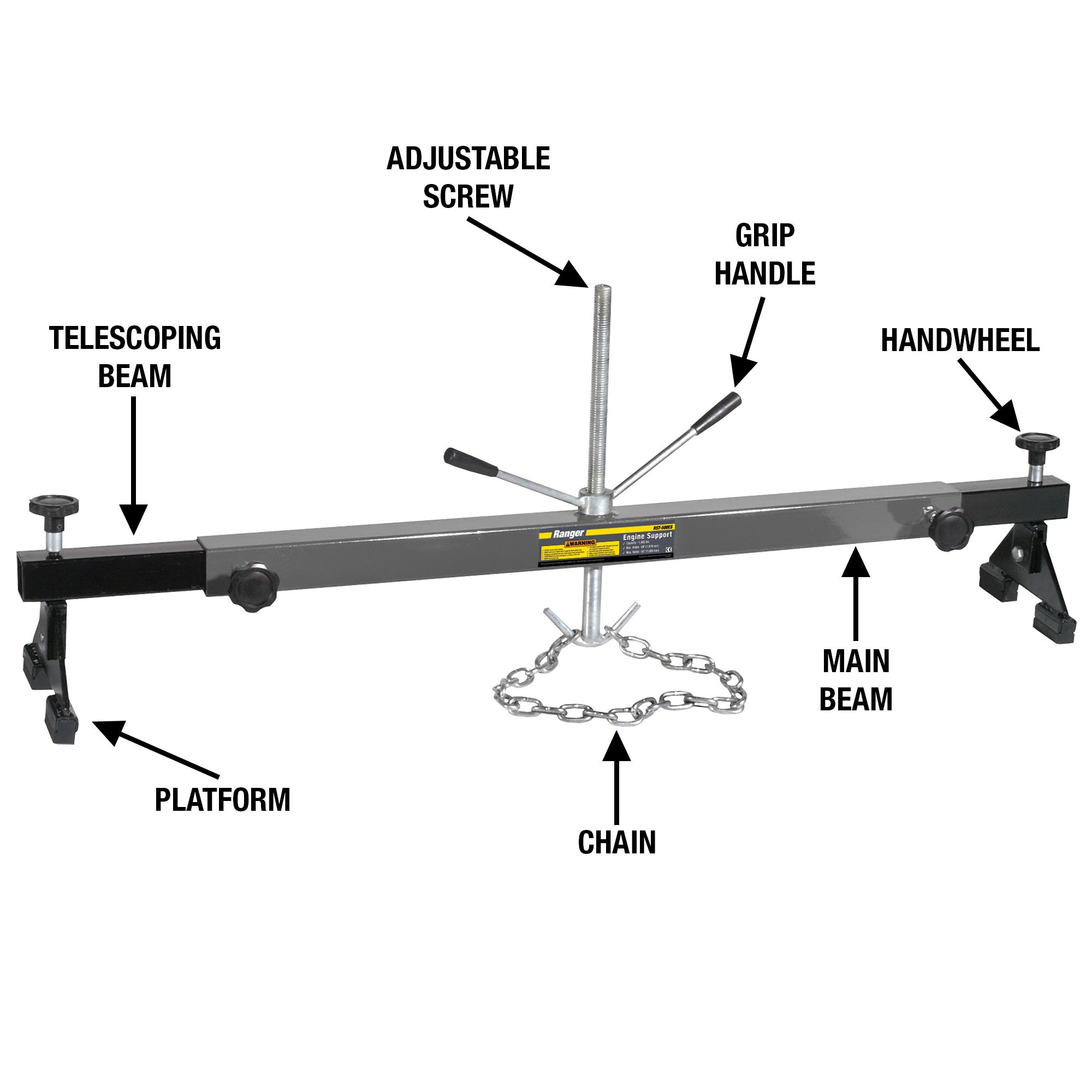 Ranger RST-500ES adjustable engine support bar for drivetrain service and component access