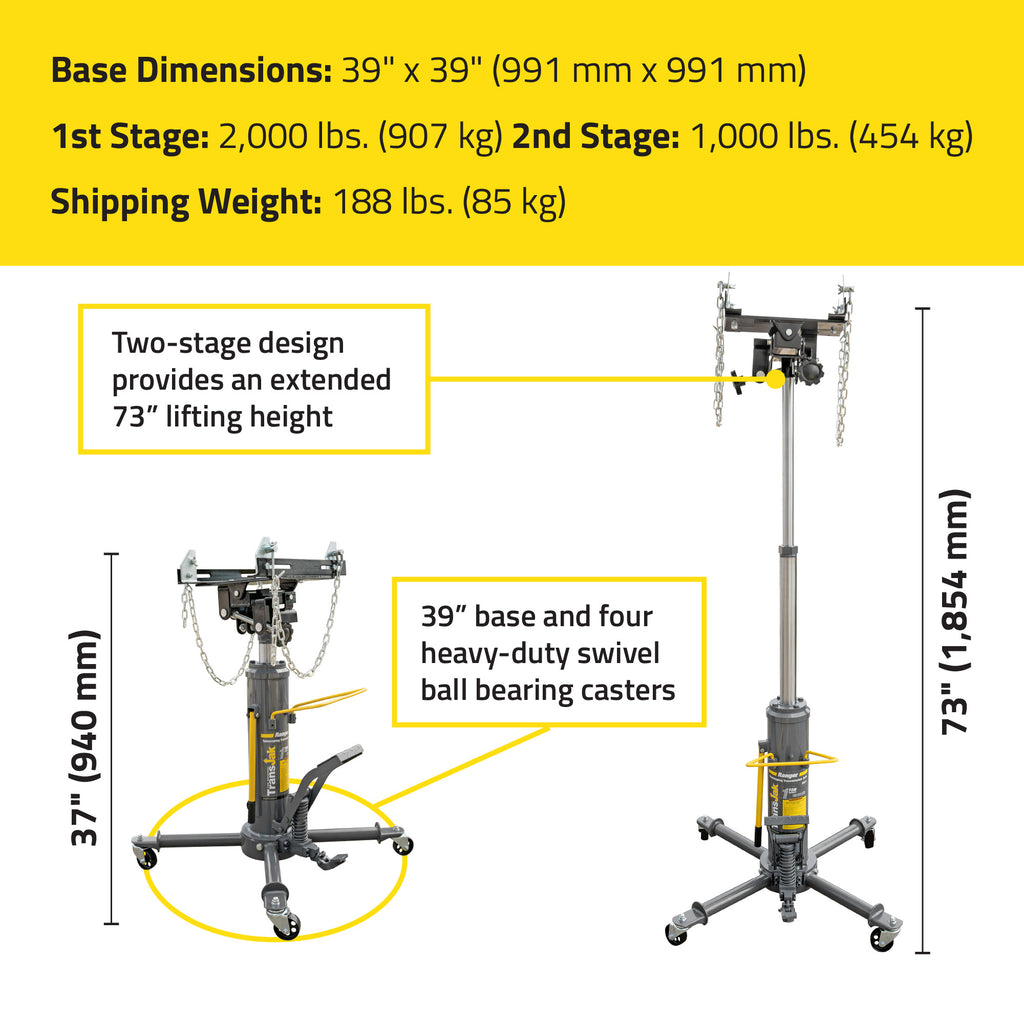 Ranger RTJ-1 transmission jack dimensions for shop equipment planning
