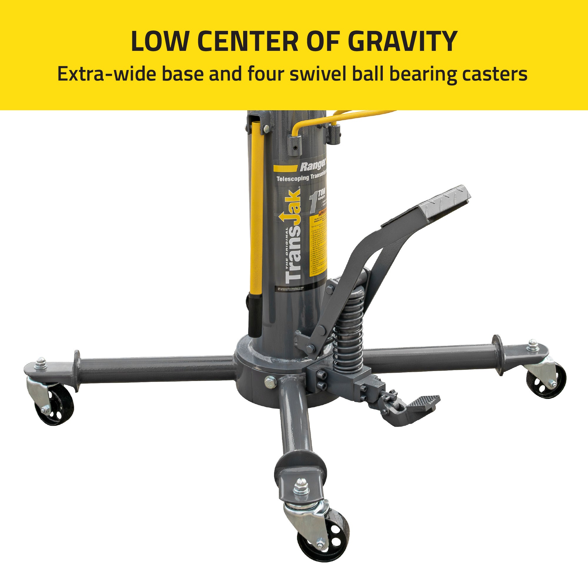 Ranger RTJ-1 transmission jack with wide base for stable drivetrain service