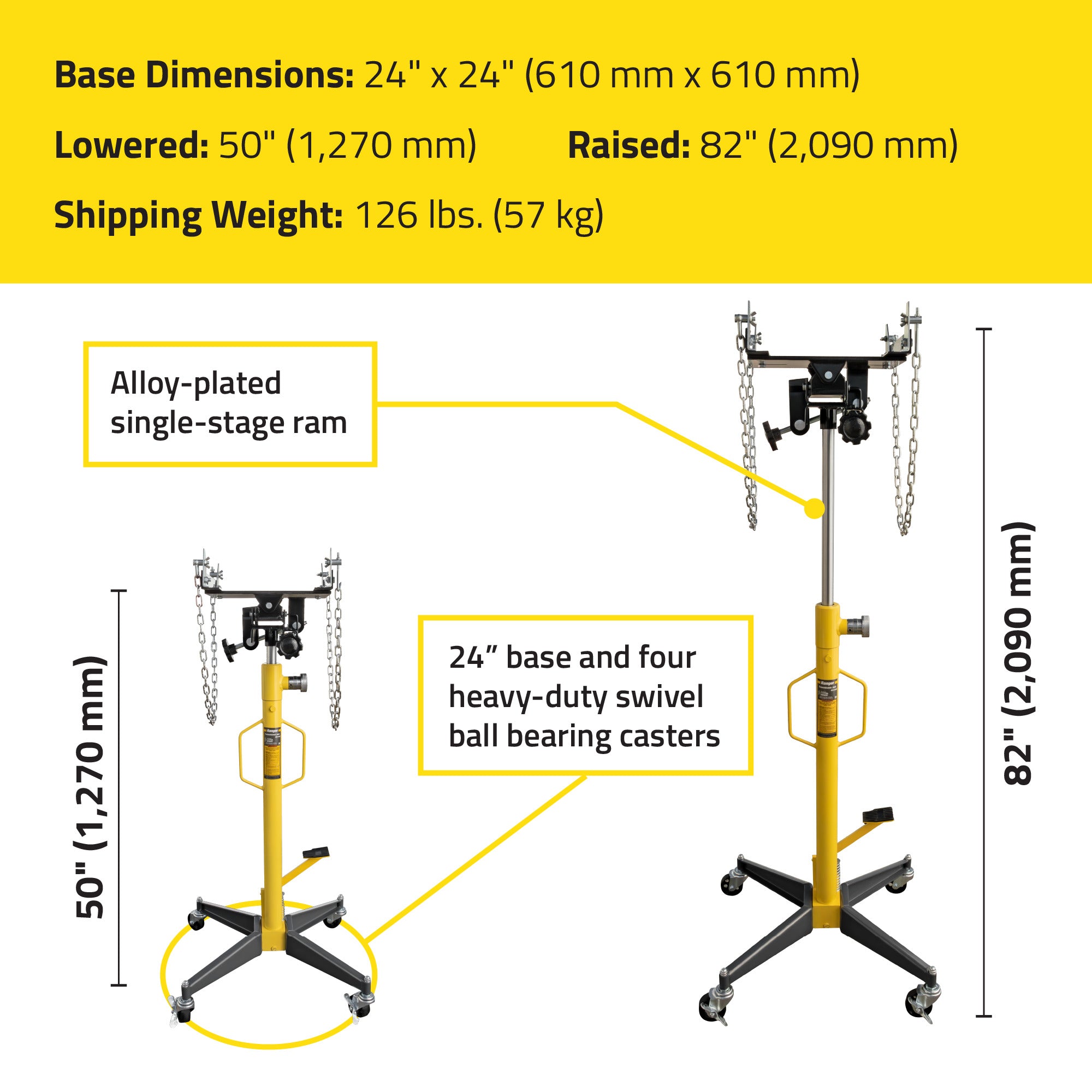 Ranger RTJ-1100 transmission jack dimensions for garage service planning