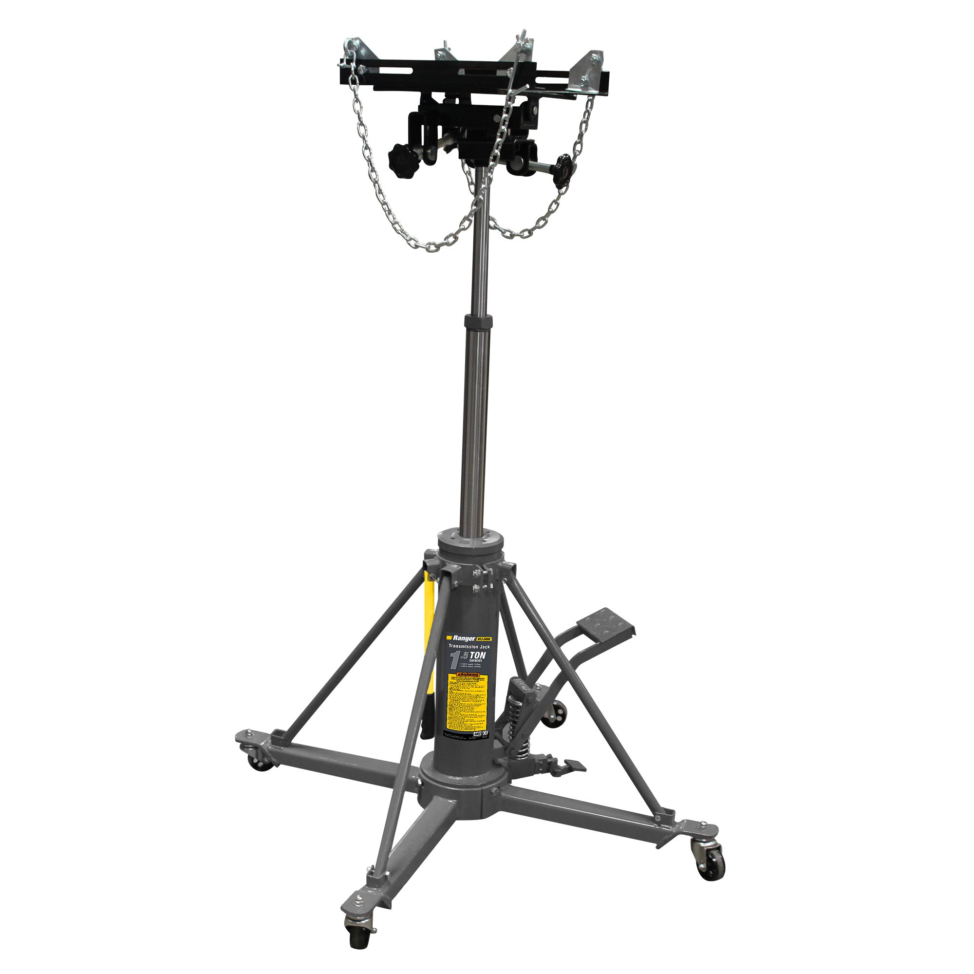 Ranger RTJ-3000 heavy-duty transmission jack with adjustable saddle and caster base.
