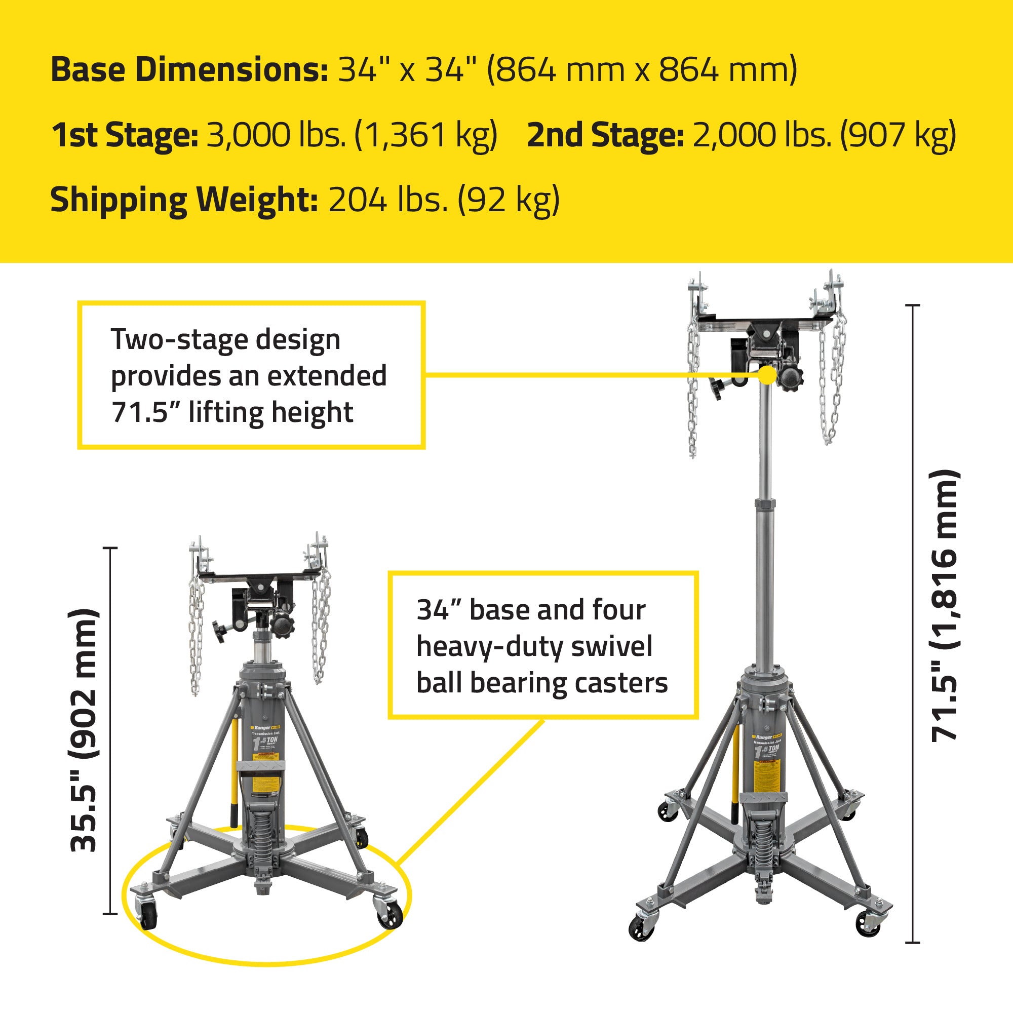 Ranger RTJ-3000 transmission jack dimensions for shop service planning