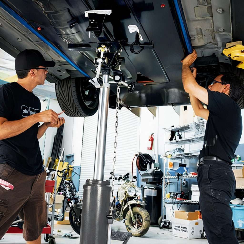 Ranger RTJ-3000 1.5-ton transmission jack under two-post lift