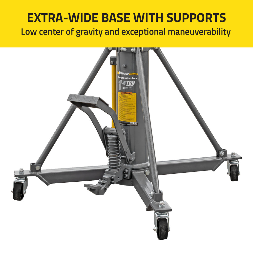 Ranger RTJ-3000 transmission jack with wide base for stable shop service