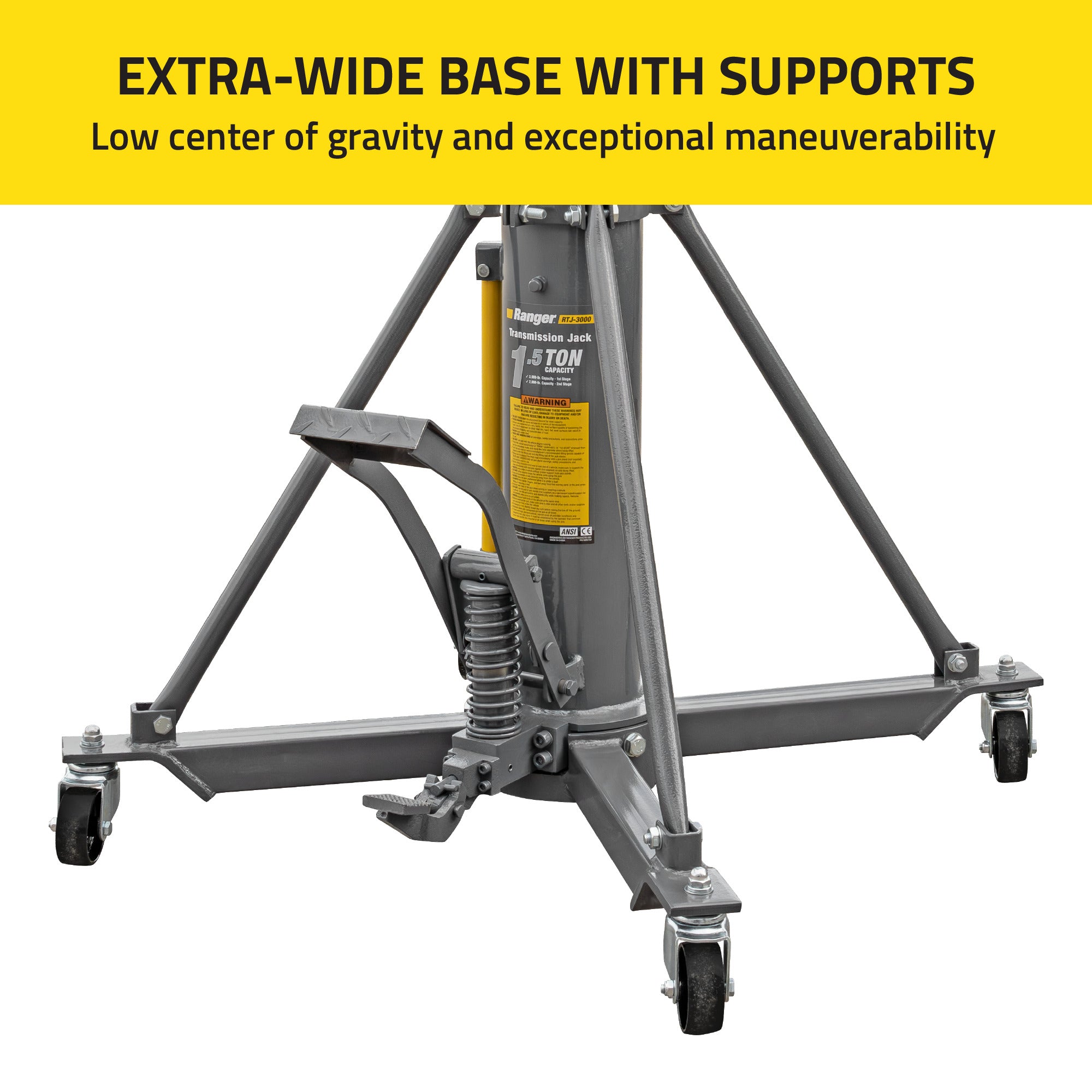 Ranger RTJ-3000 transmission jack with wide base for stable shop service