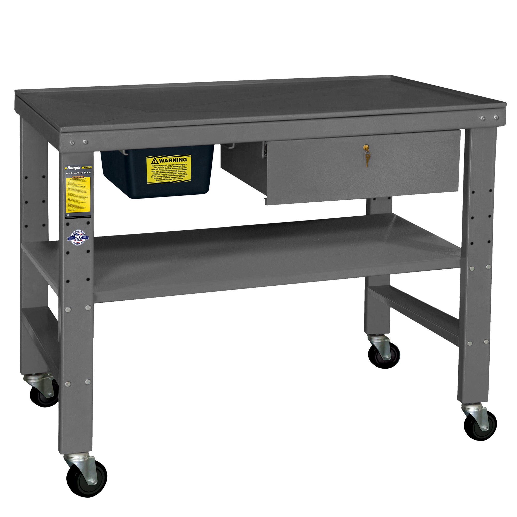 Ranger RWB-1TD work bench built for heavy-duty shop tasks with integrated fluid containment.
