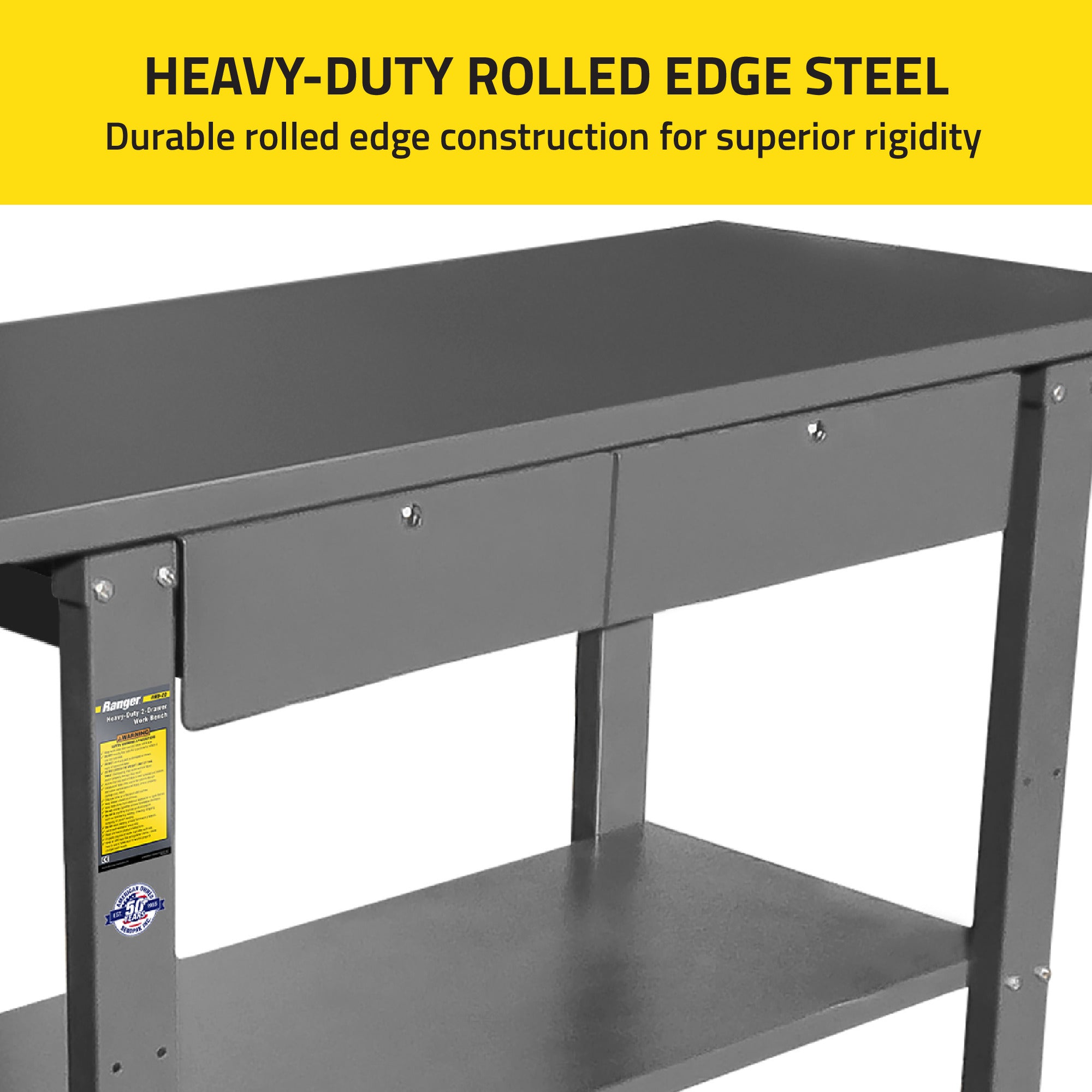 Ranger RWB-2D workbench with rolled-edge steel construction