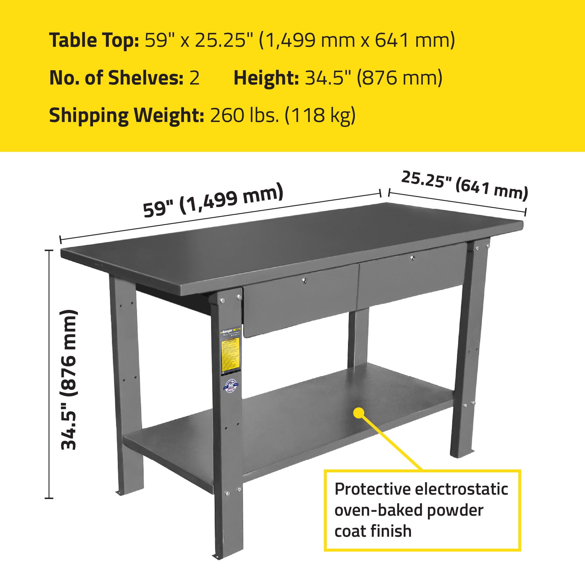Ranger RWB-2D two-drawer workbench dimensions for garage and shop planning