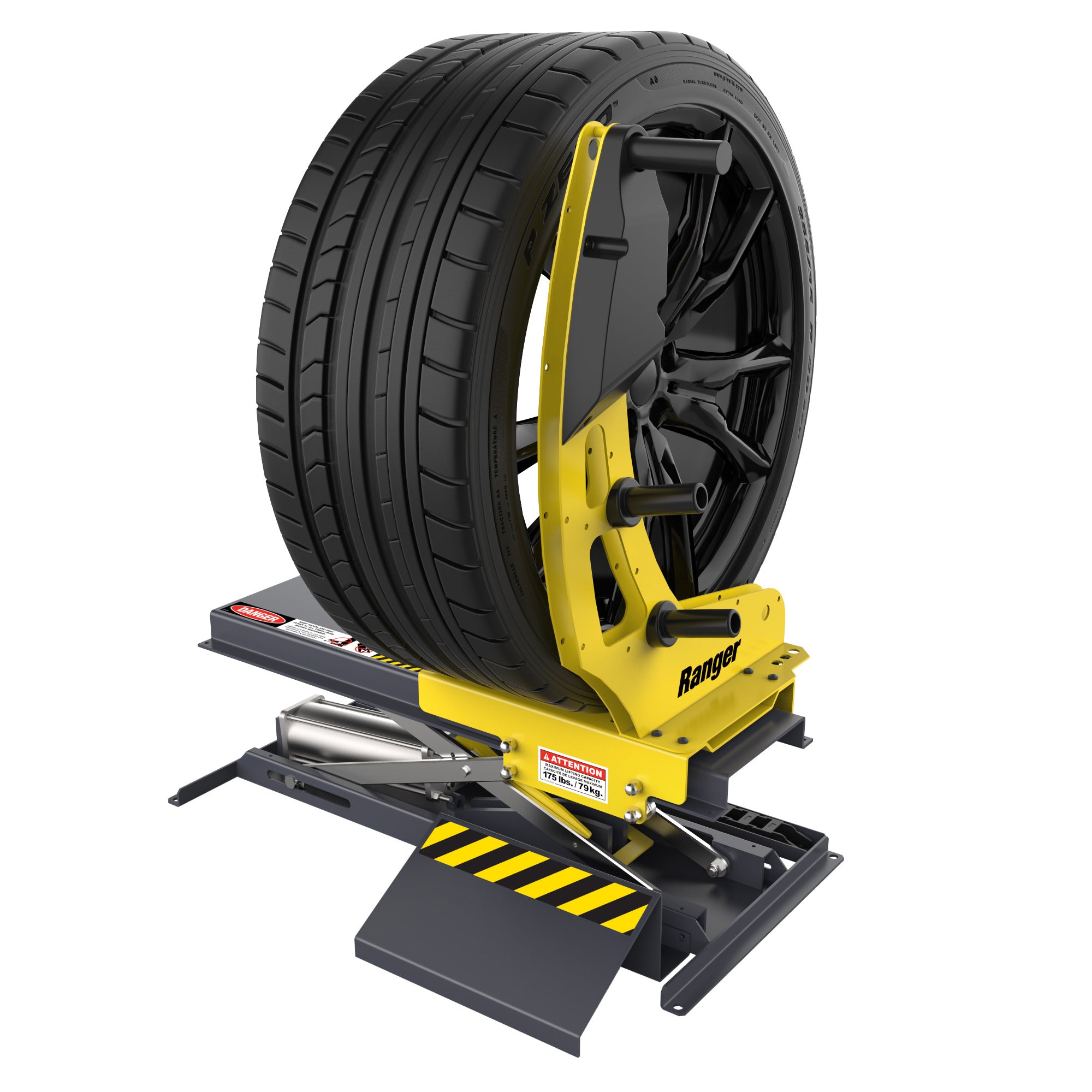 Ranger RWL-175 wheel lift holding a wheel assembly for safer shop positioning.