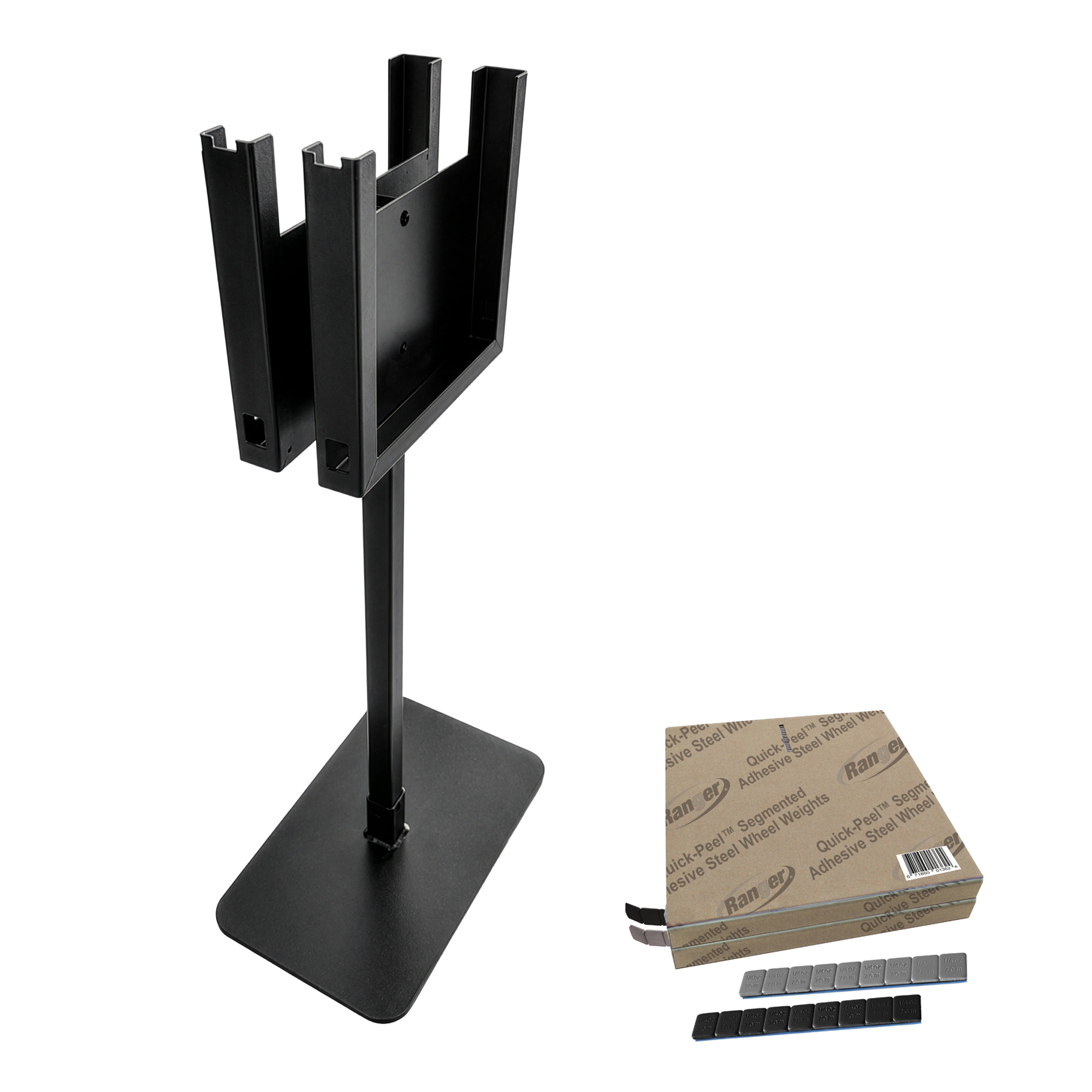Ranger wheel weight dispenser stand kit for organizing clip-on wheel weights in tire service shops